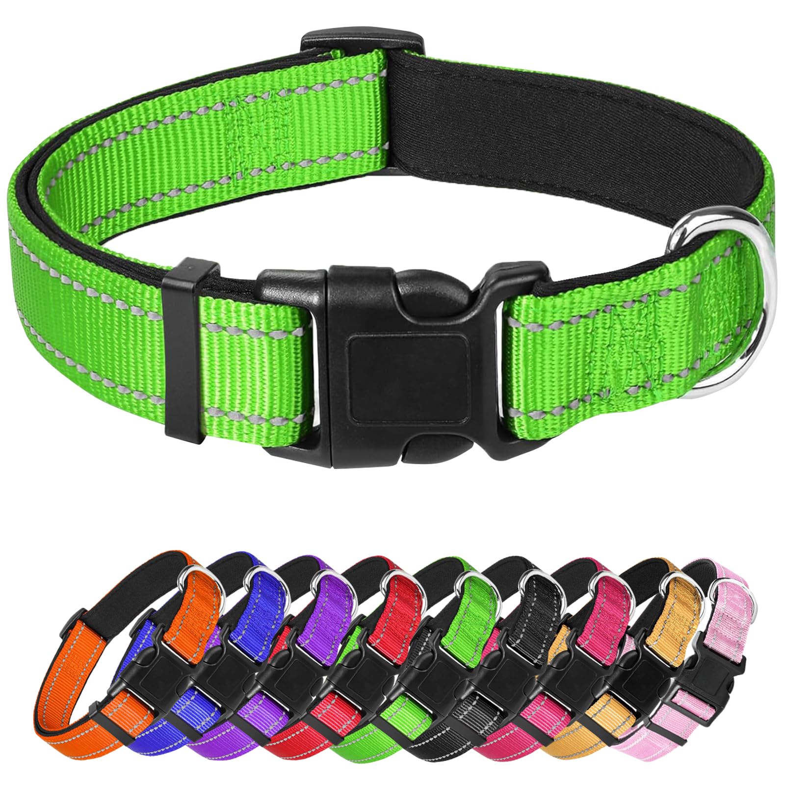 Green Dog Collar, Reflective Pet Collar with Buckle Adjustable Safety Nylon Collars for Small Medium Large Dogs, L