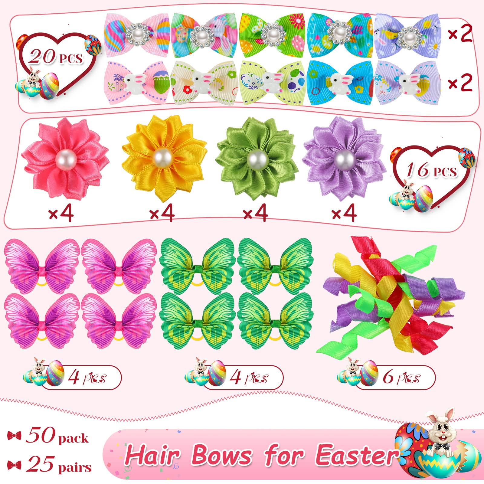 Mtlee 50 Pcs Easter Dog Bows Dog Hair Bows Grooming Bows Cute Rabbit Pattern With Rubber Bands Puppy Yorkie Cat Bunny Butterfly