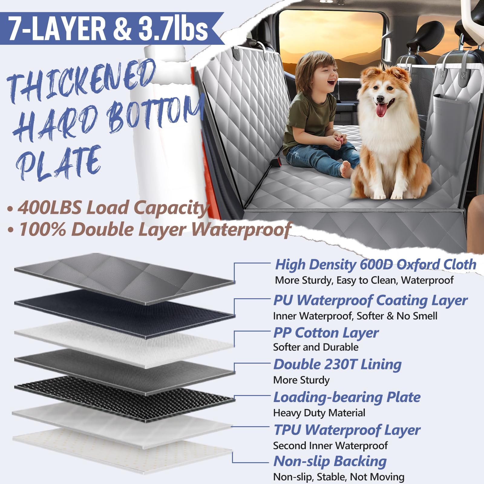 Rouwinne Back Seat Extender For Dogs Truck-Large Space, Truck Dog Car Seat Cover For Back Seat Hard Bottom Holds 400Lbs, Sturdy Pet Seat Covers For Trucks, Waterproof Backseat Dog Hammock For Truck