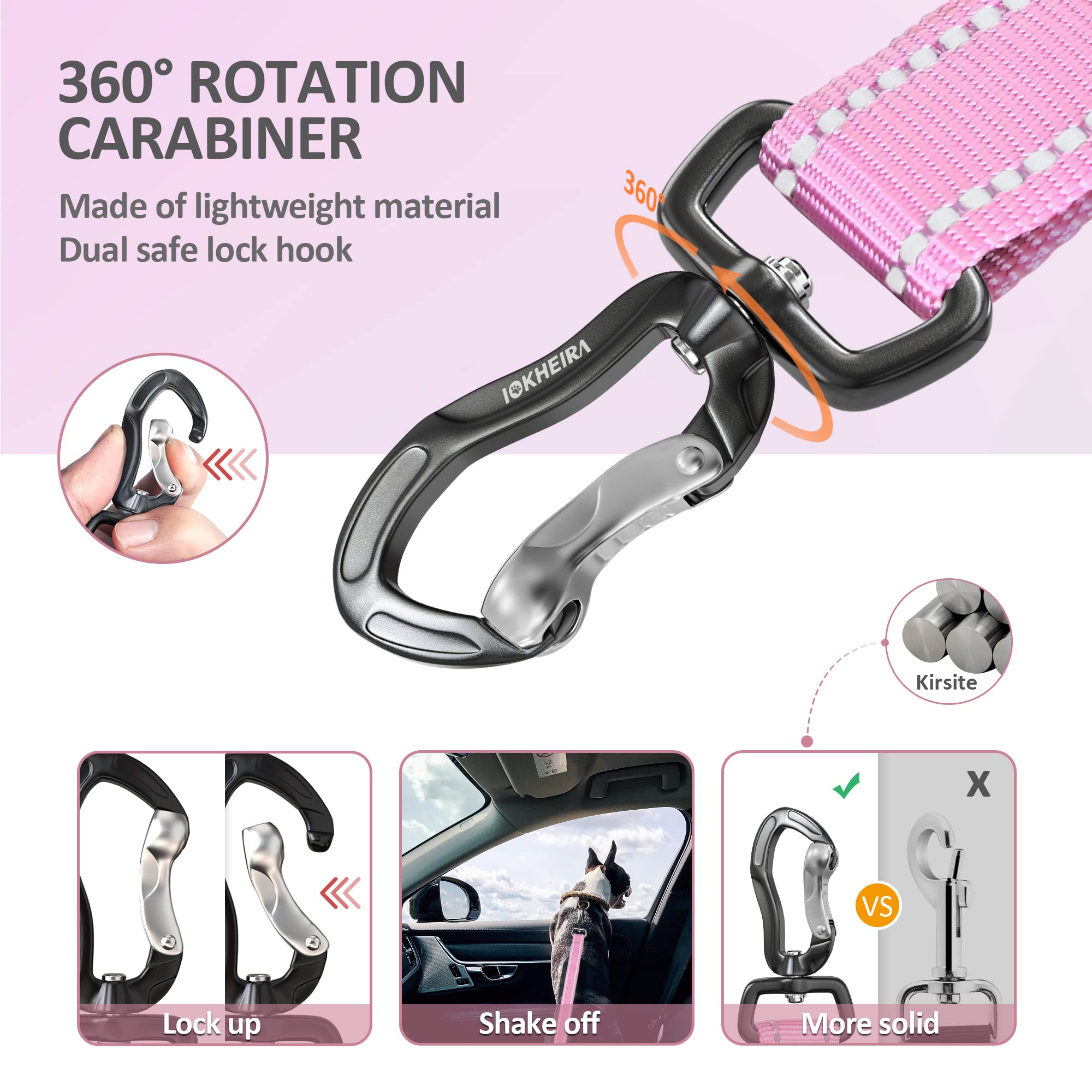Iokheira Dog Seatbelt - Adjustable Reflective Bungee Harness With Aluminum Swivel Carabiner