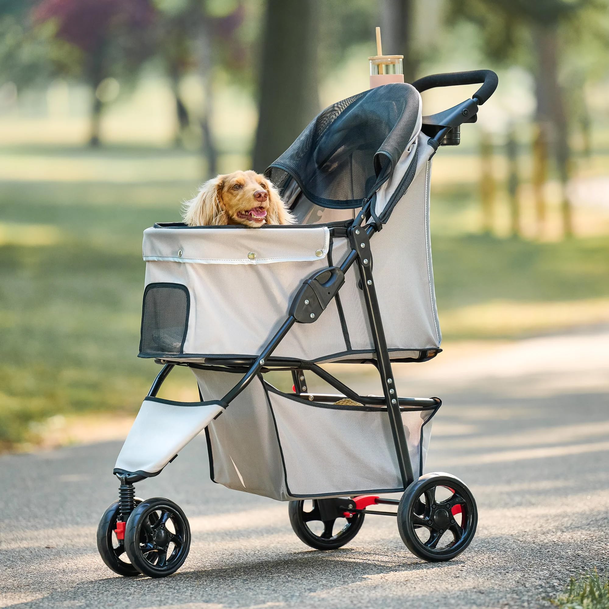 Carlson Pet Products Stroller, Includes 360 Degree Front Wheel Swivel, Rear Wheel Breaks, Reflective Trim, Mesh Panels, Umbrella