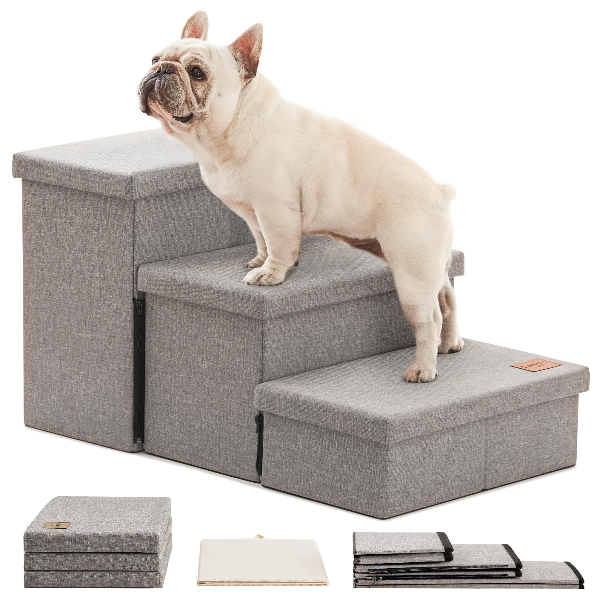 Love'S Cabin Dog Stairs For High Bed 18'H,Foldable Pet Stairs For Small Medium Or Large Dogs Puppy With Storage For Bed Or Couch, Cat Dog Steps Ramp With Zip Up To 210 Lbs(Solid Grey,3 Steps No Condo)