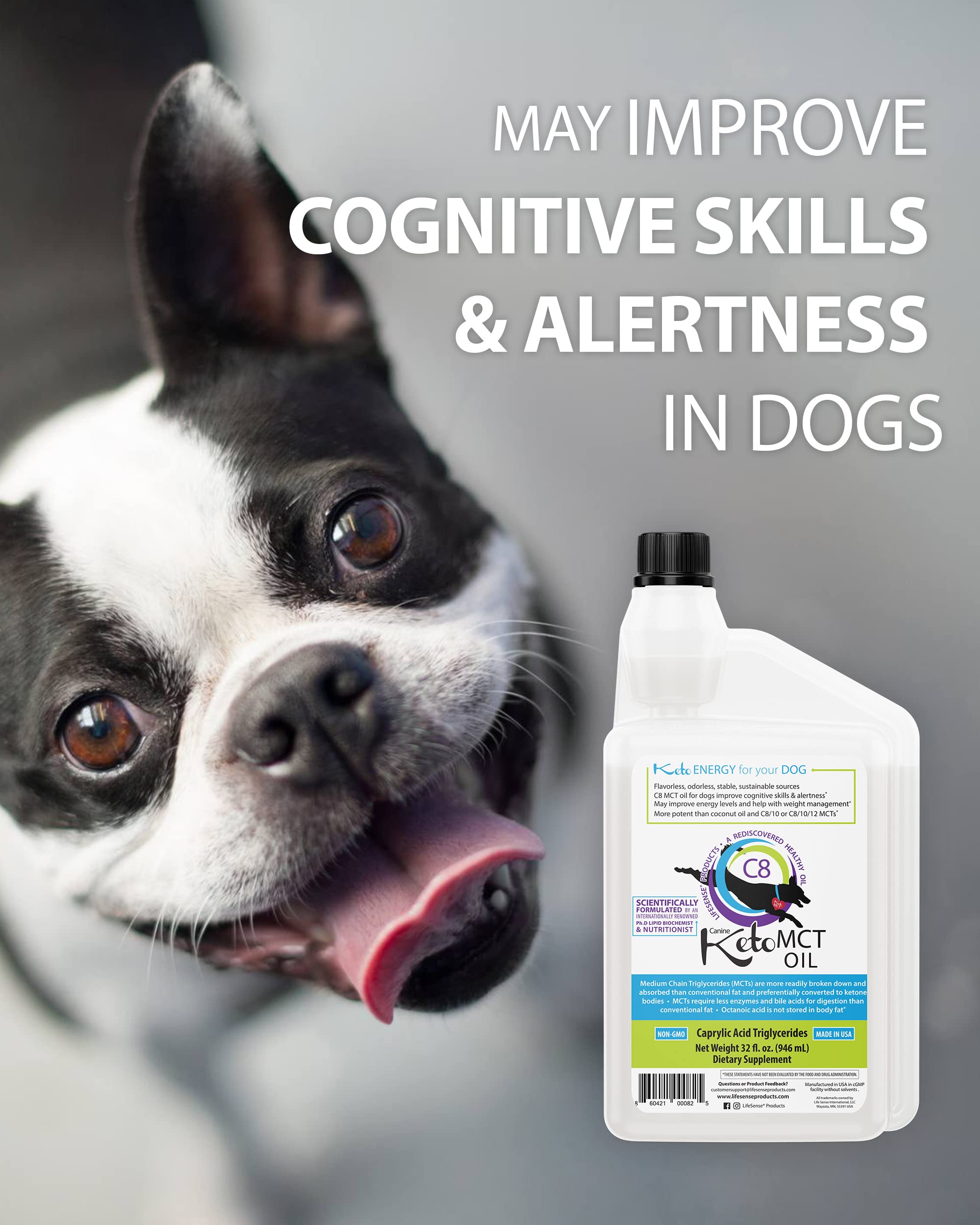 LifeSense C8 MCT Oil for Dogs, Keto-Friendly, Sourced from Coconut Oil, Human Grade, 32 oz, Made in USA by PhD Nutrition, Dog Op