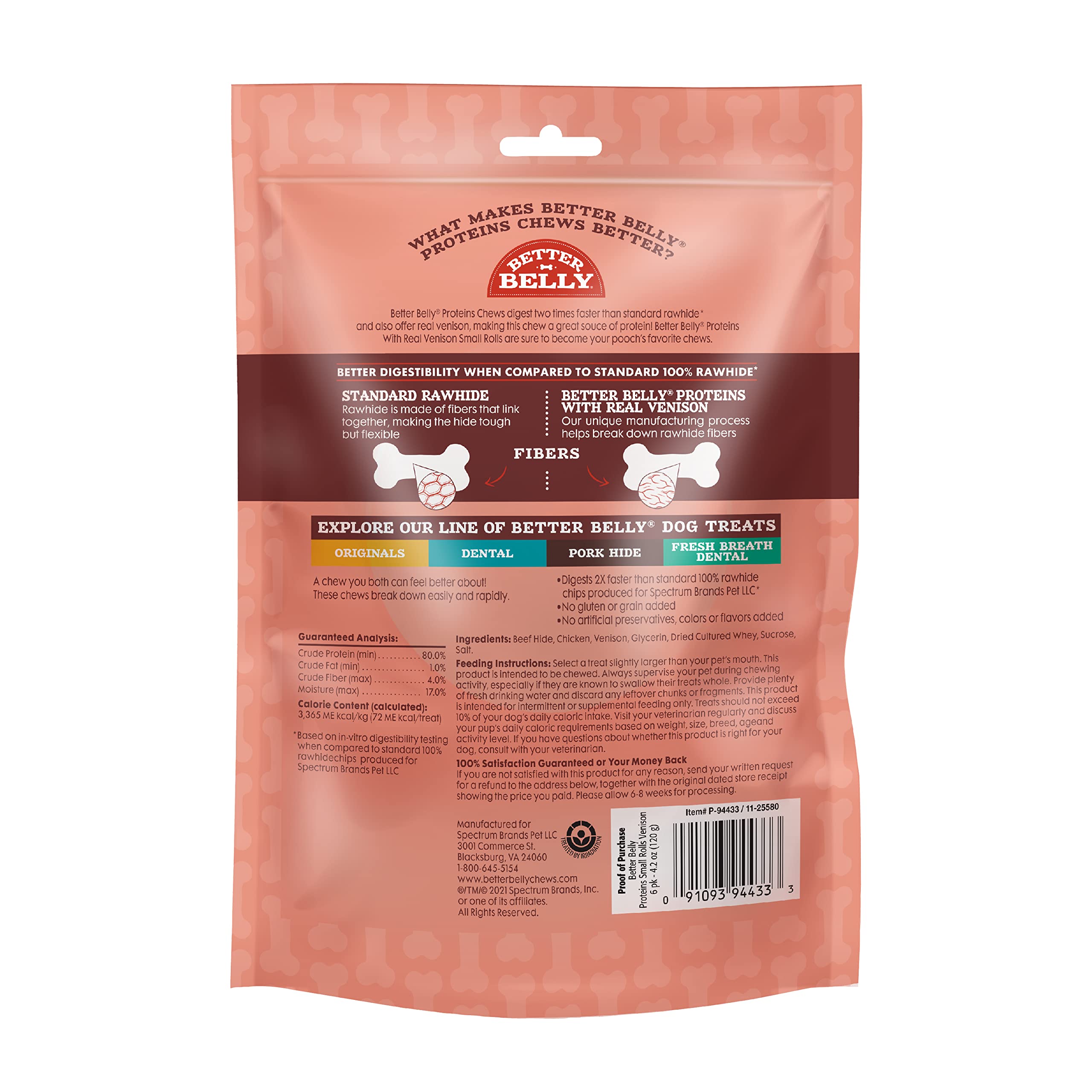 Better Belly Digestible Rawhide Small Rolls with Real Venison for Dogs, 6 Count, 4.2 OZ