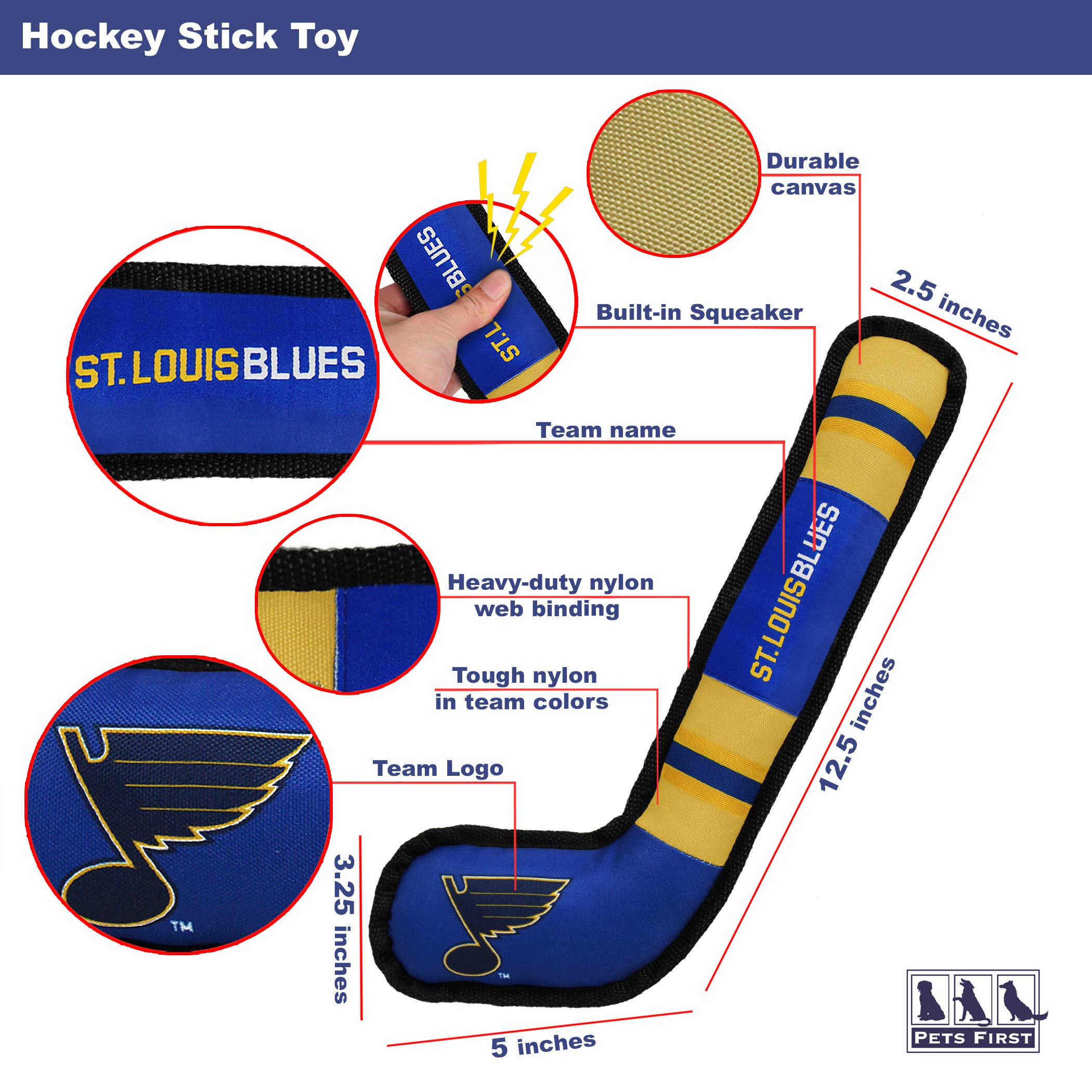 Pets First Dog Toy Tough Nylon With Inner Squeaker Licensed By Nhl St. Louis Blues Hockey Stick Toy For Dogs & Cats. Play Hockey