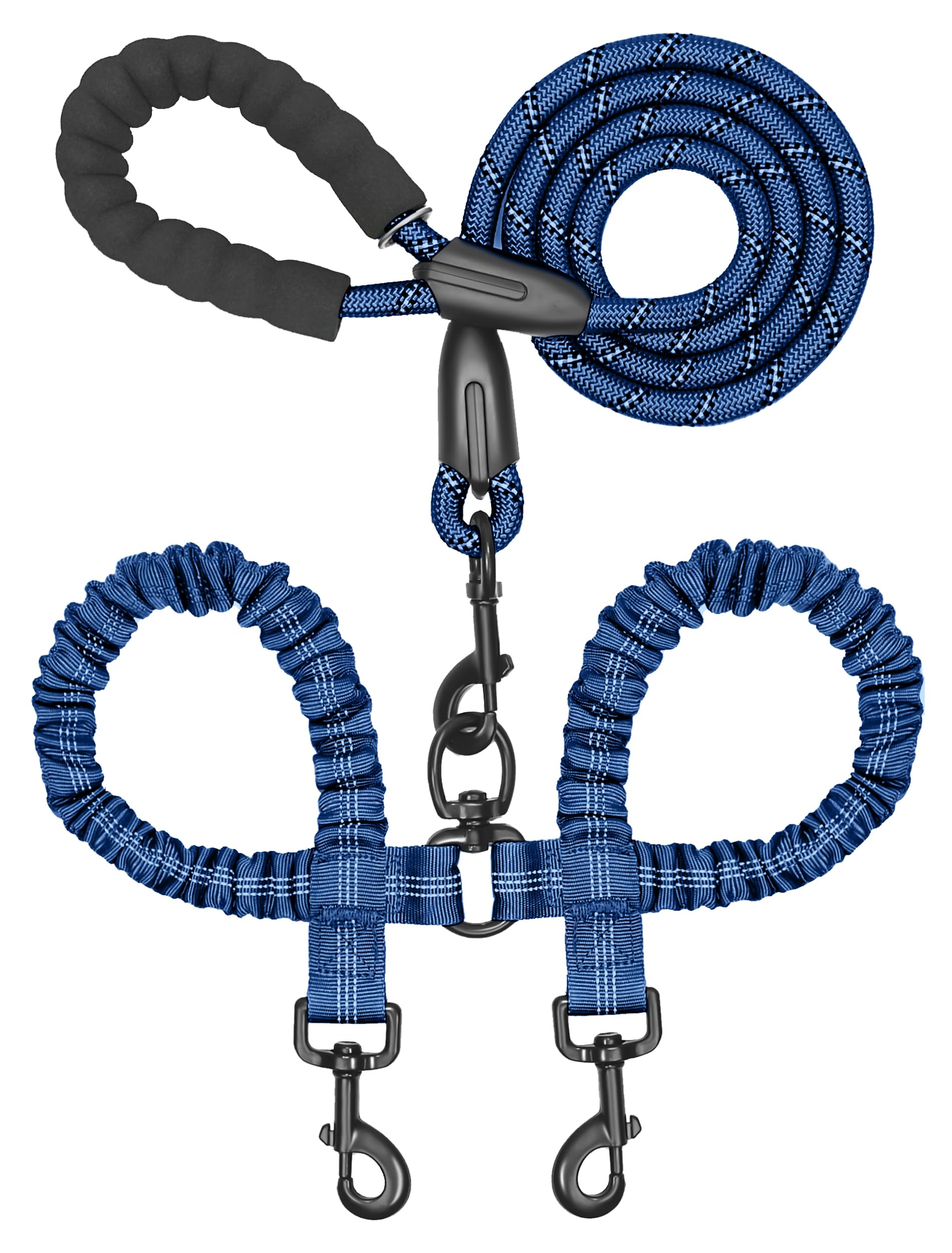 Iyoshop Dual Dog Leash, Double Dog Leash, 360 Swivel No Tangle Walking Leash, Shock Absorbing Bungee For Two Dogs, Large (25-150 Lbs), True Navy