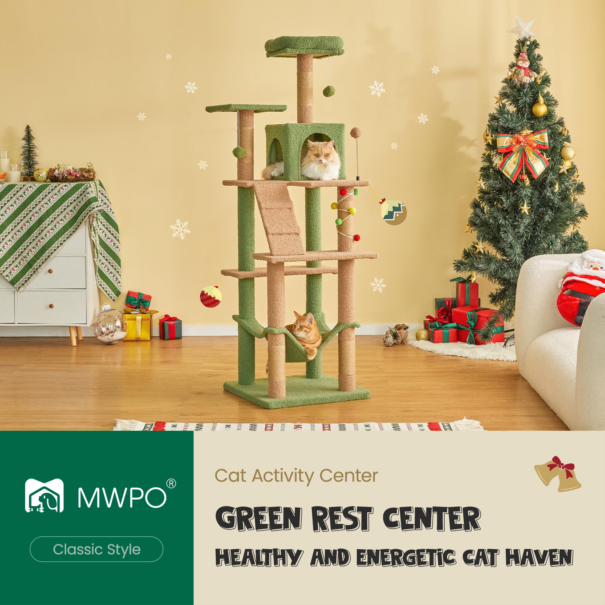 Mwpo 63.8 Inches Green Cat Tree For Indoor Cats, Multi-Level Cat Tower With Sisal-Covered Scratching Posts, Padded Platform, Ham
