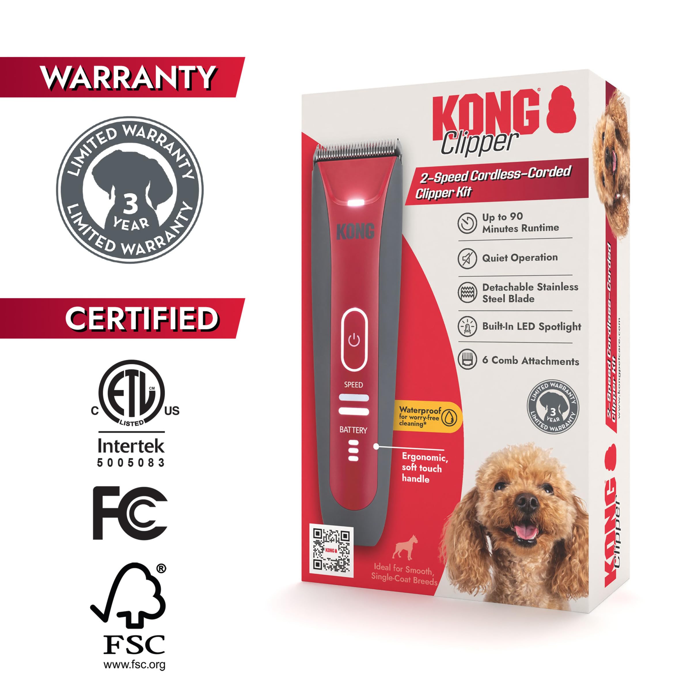 Kong 2-Speed Cordless-Corded Dog Clipper Kit - Stainless Steel Blade, Waterproof, LED Spotlight, Use-While-Charging, 6 Guide Com