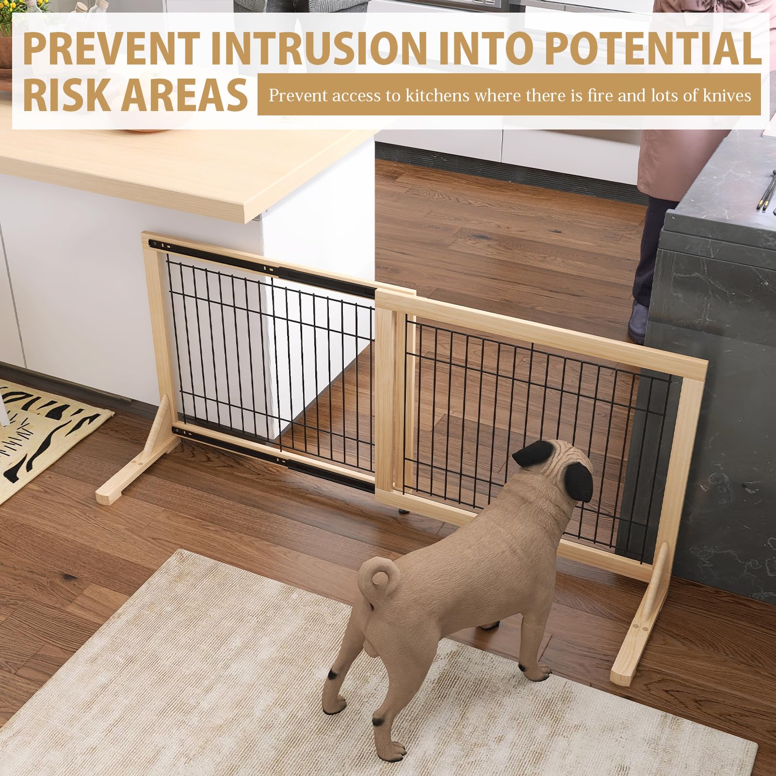 YOCAN Extra Wide Adjustable Dog Gate, 19.7" Tall, 31.5–61" Wide, Wood & Metal Frame, No Drill Pressure Mount, Black/Natural