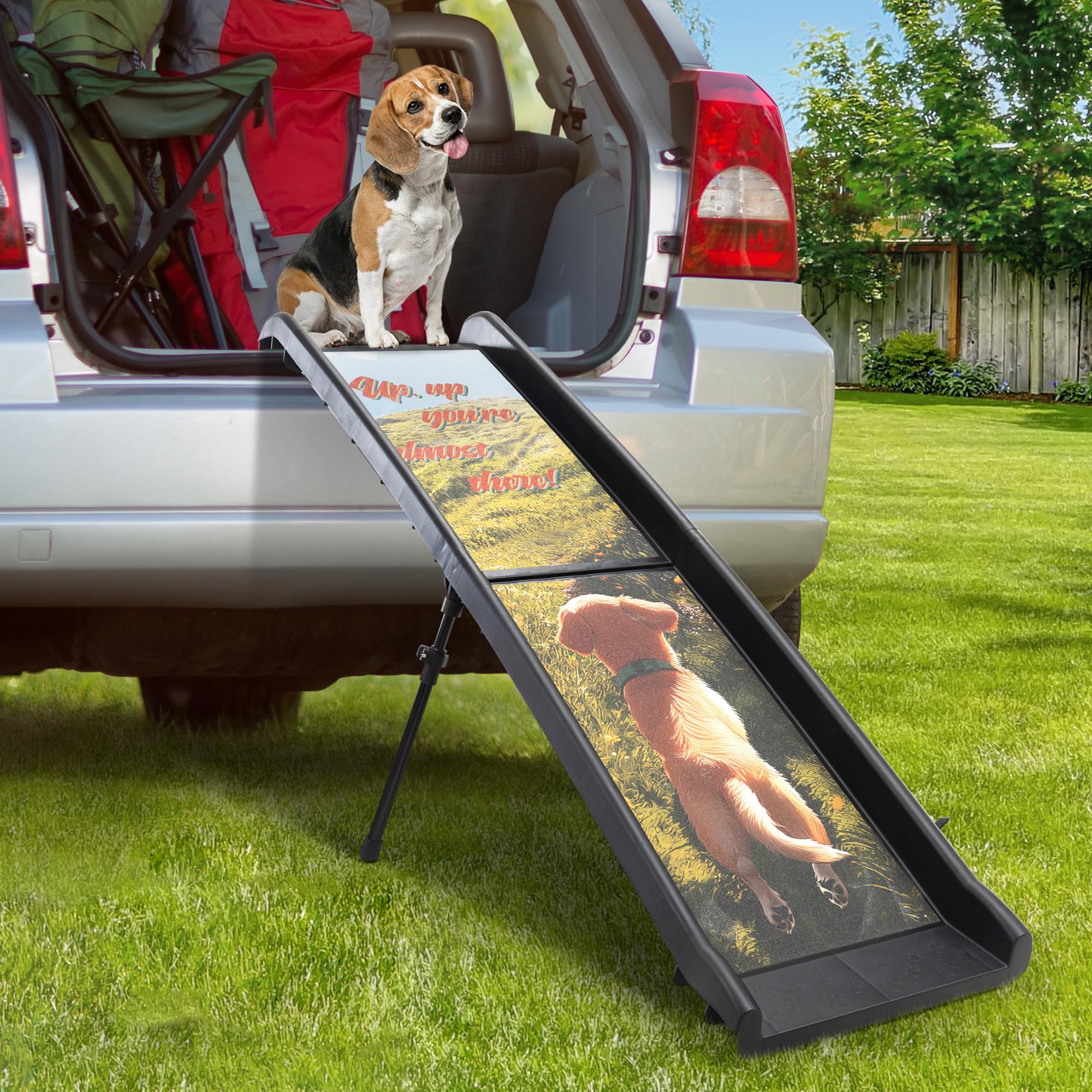 Coziwow Foldable Dog Car Ramp With Adjustable Support Legs,Non-Slip Surface Pet Ramp For Large Elderly Dogs Cats,With Decorative
