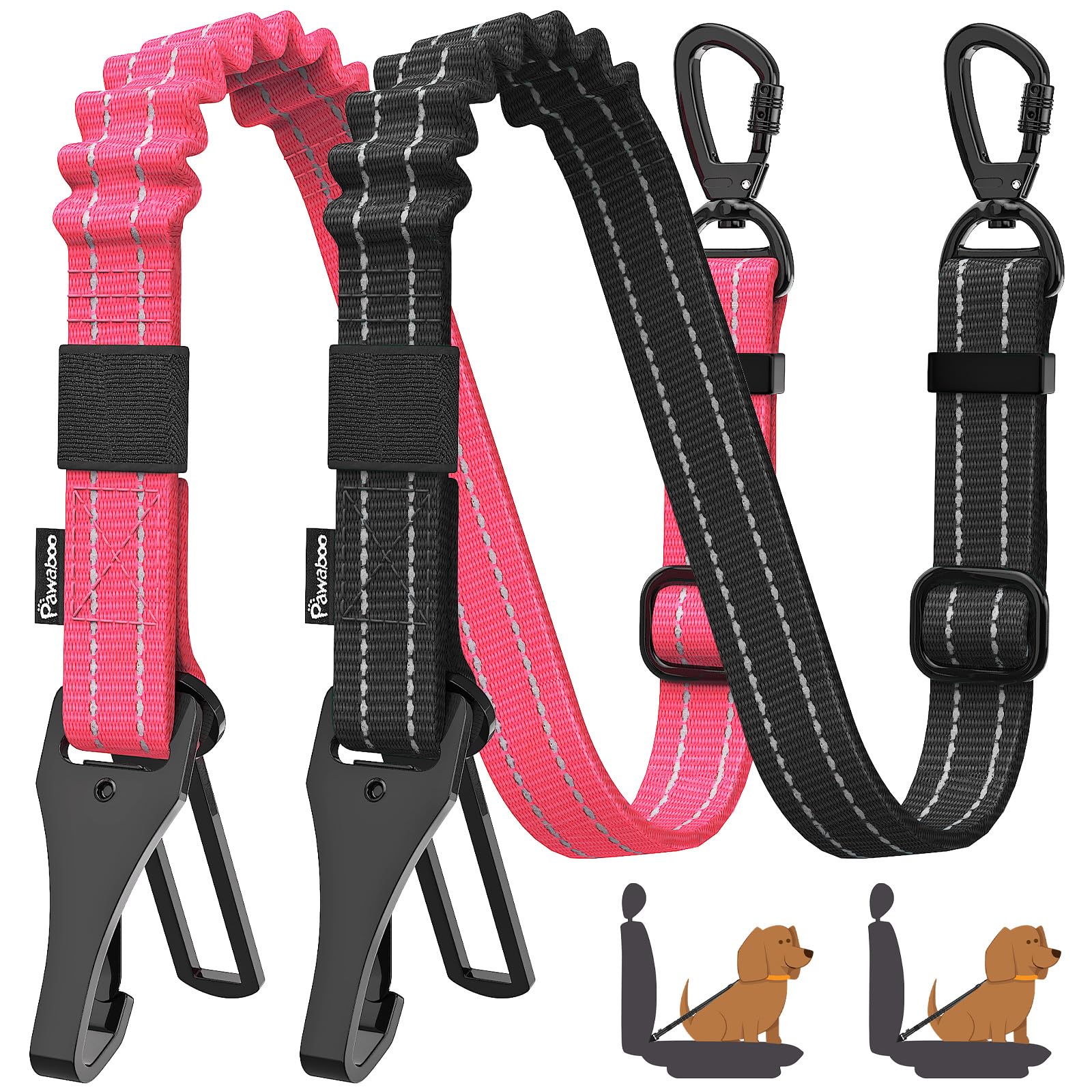 Pawaboo 2Pack Dog Seatbelt For Car, 3-In-1 Dog Car Seat Belt Bungee, Shockproof Dog Tether For Car With Buckle & Hook Latch, Adj