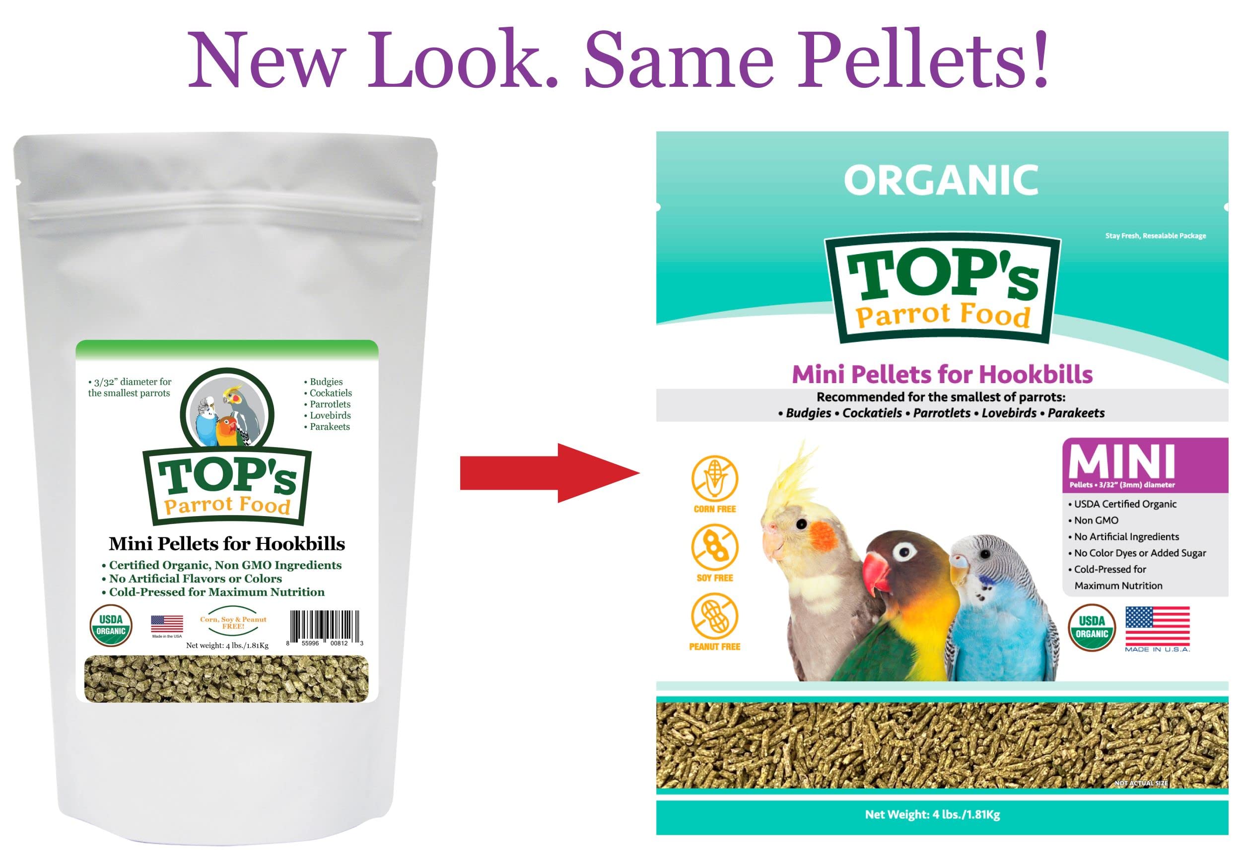TOPs Parrot Food Mini Pellets Bird Food for Budgies, Cockatiels, Parrotlets, Lovebirds, Parakeets - Non-GMO, Peanut Soy & Corn