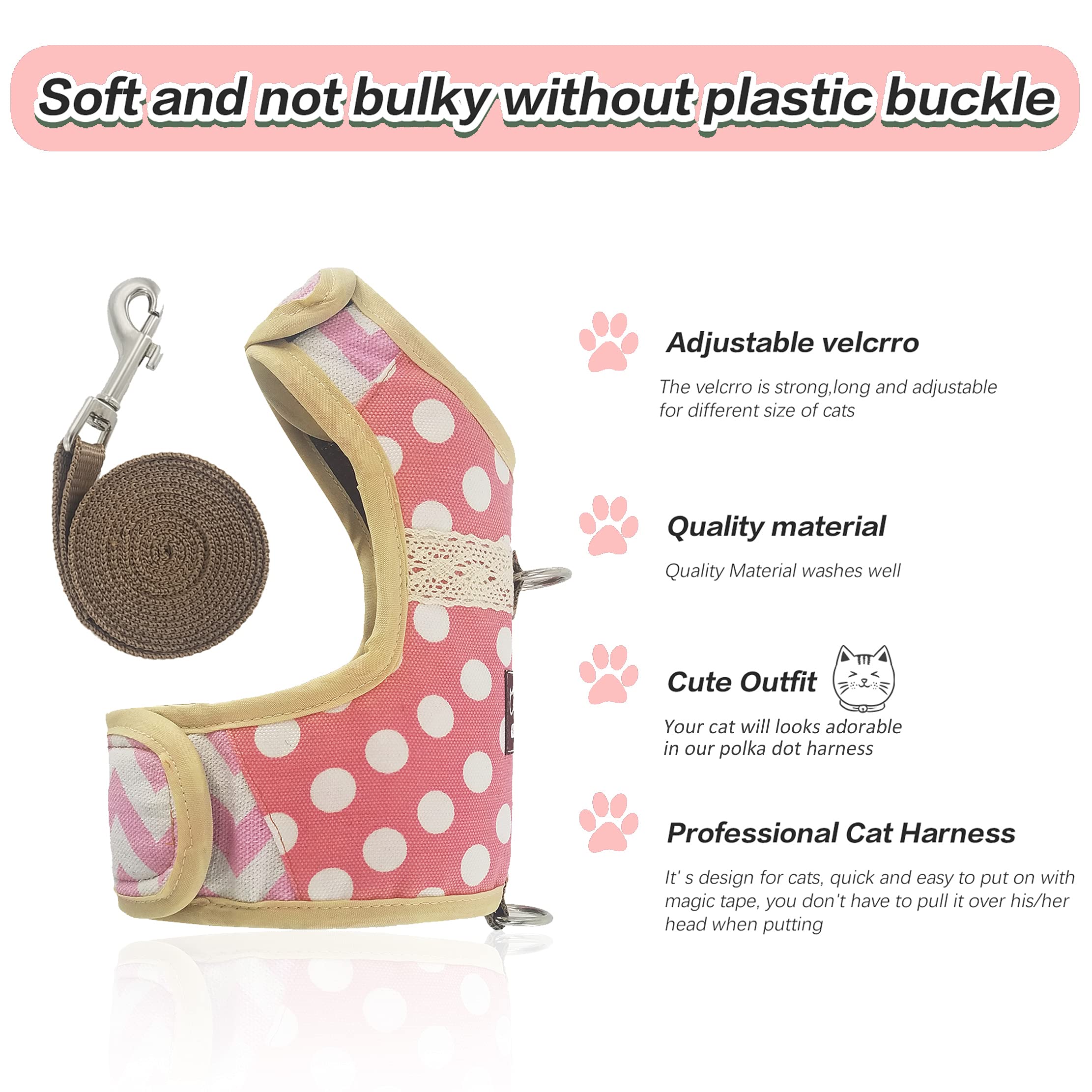 Yizhi Miaow Cat Harness and Leash for Walking Escape Proof, Adjustable Cat Vest Harness, Padded Stylish Cat Walking Jackets, Pol