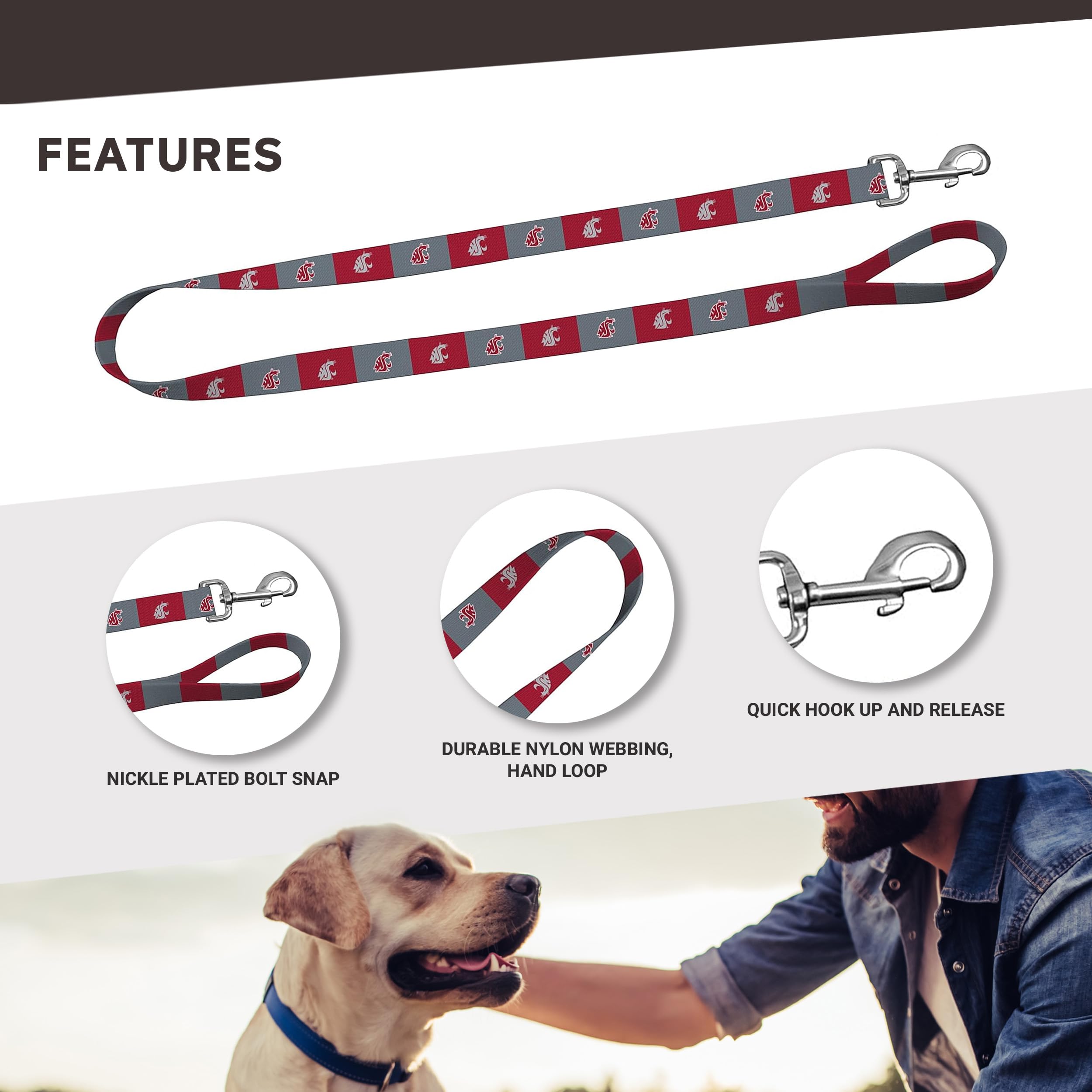 Moose Pet Wear Dog Leash – Washington State University Cougars Pet Leash, 1 Inch Wide X 4 Feet Long, Red/Gray Box Logo