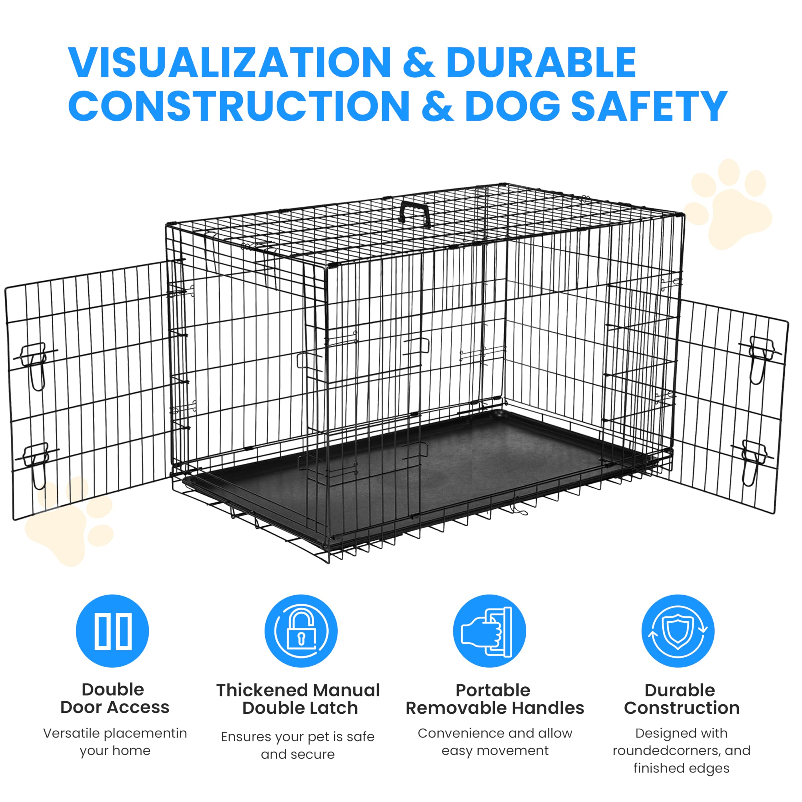 Simple Deluxe 42-Inch Large Dog Crate With Divider, Double Door Folding Metal Wire Cage With Leak-Proof Plastic Tray, Portable P
