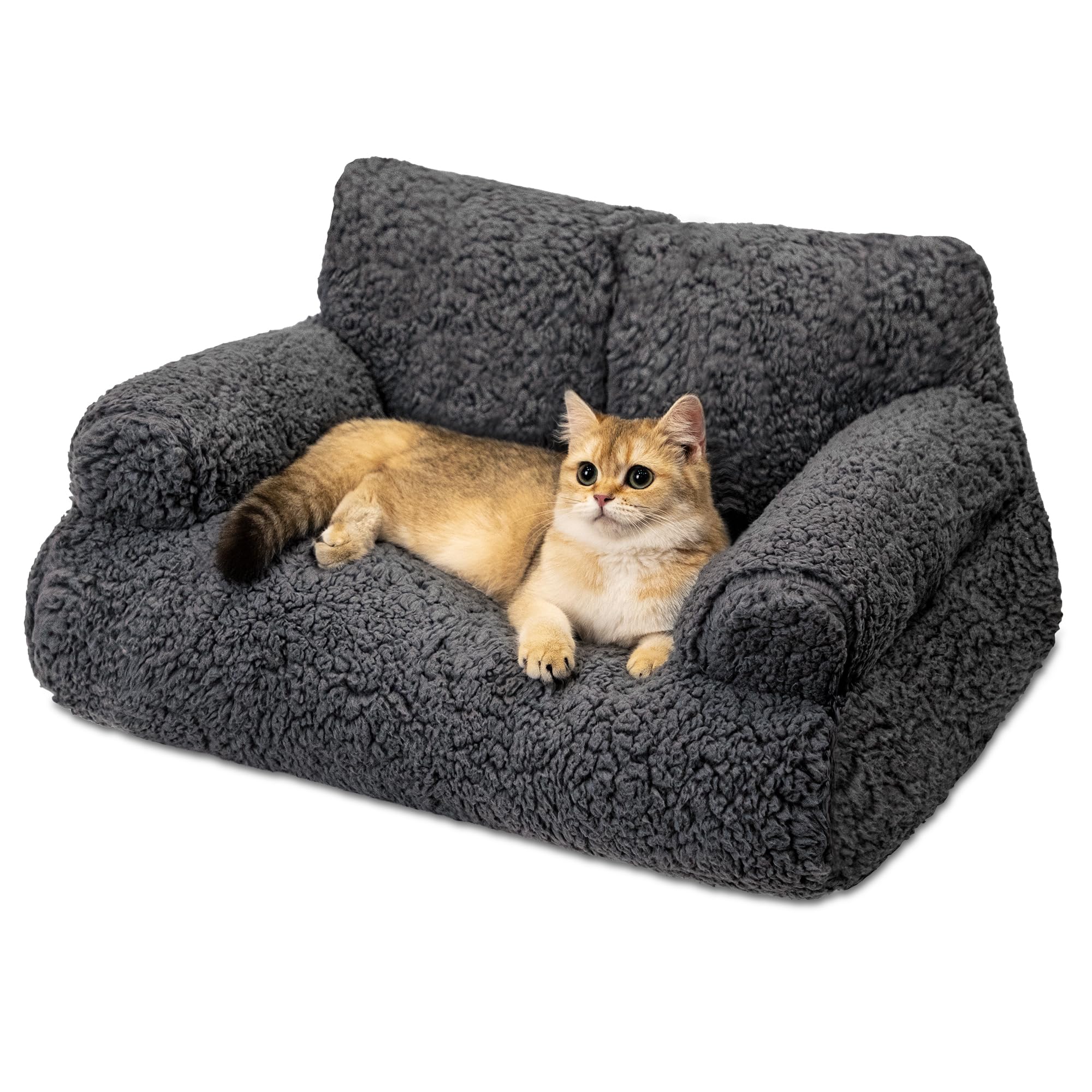 Famidge Sherpa Cat Couch, Washable Cat Bed For Indoor Cats, Calming Dog Couch For Medium Small Dogs & Cats Up To 20Lbs, Dog Gray