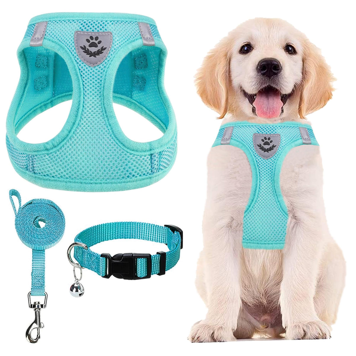 Pupteck Adjustable Dog Harness Collar And Leash Set Step In No Pull Pet Harness For Small Medium Dogs Puppy And Cats Outdoor Walking Running, Soft Mesh Padded Reflective Vest Harnesses, Turquoise Xs