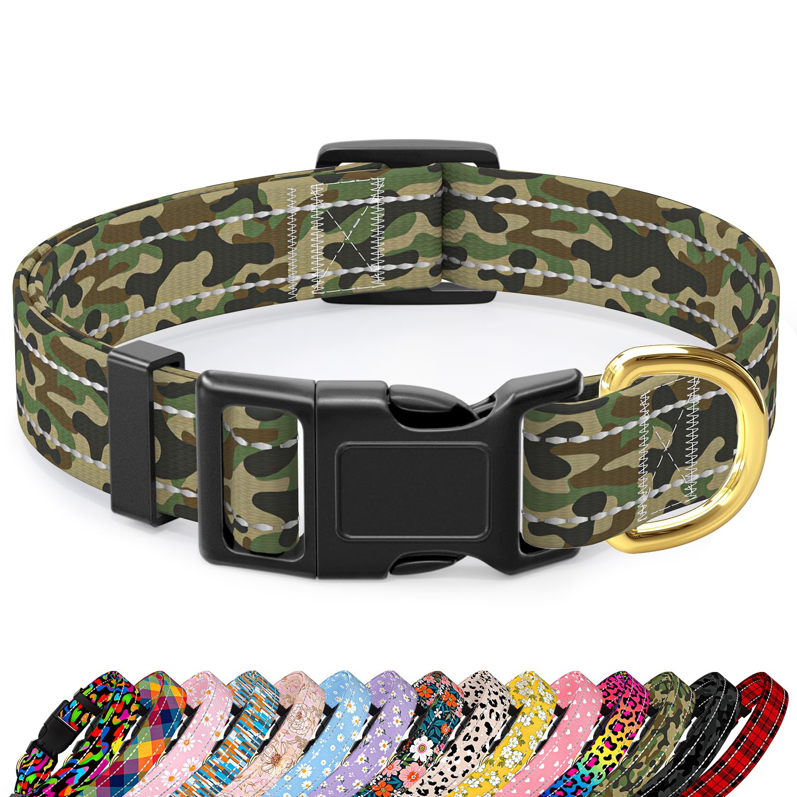 Moodel Reflective Dog Collar For Large Dogs, Cute Camouflage Adjustable Heavy-Duty Nylon Puppy Collar For Boy And Girl Female, S