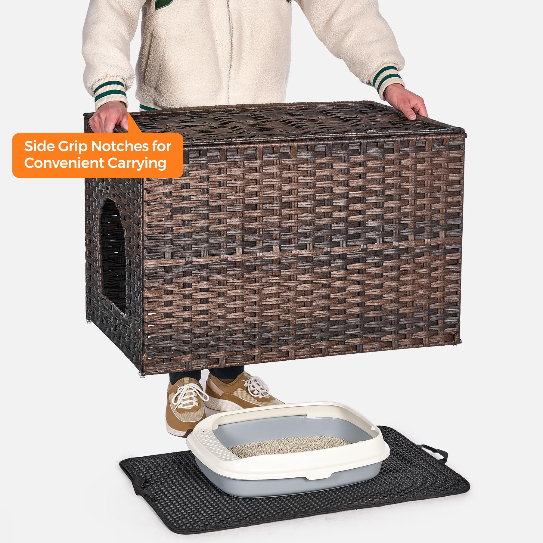 Cat Litter Box Enclosure With Litter Trapping Mat; Handwoven Plastic Rattan Cat House; No Installation Hidden Cat Washroom; Pet