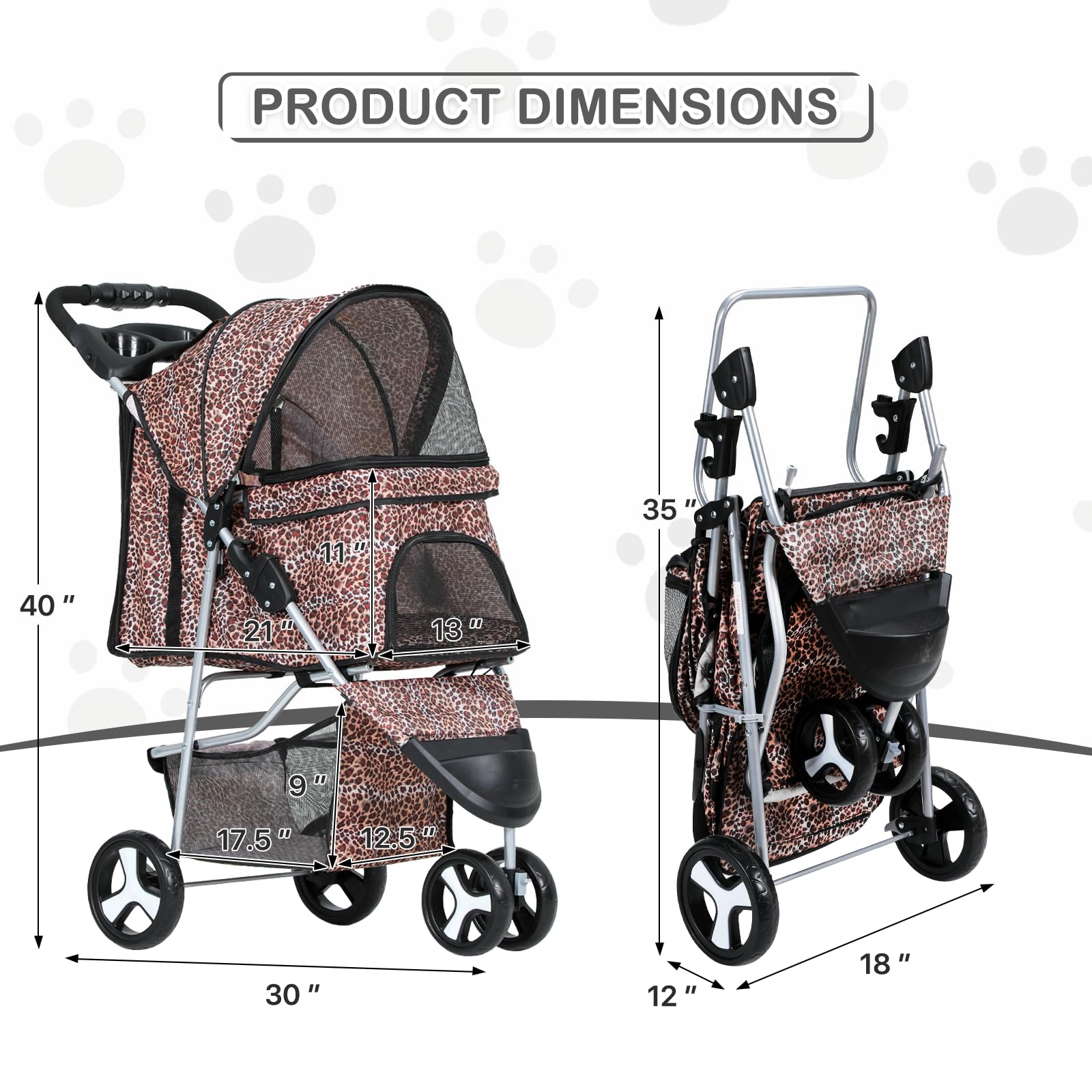 Monibloom 3 Wheels Pet Dog Cat Stroller For Small Medium Dogs Cats, Lightweight Foldable Jogger Stroller W/Storage Basket & Cup Holder, Leopard Print