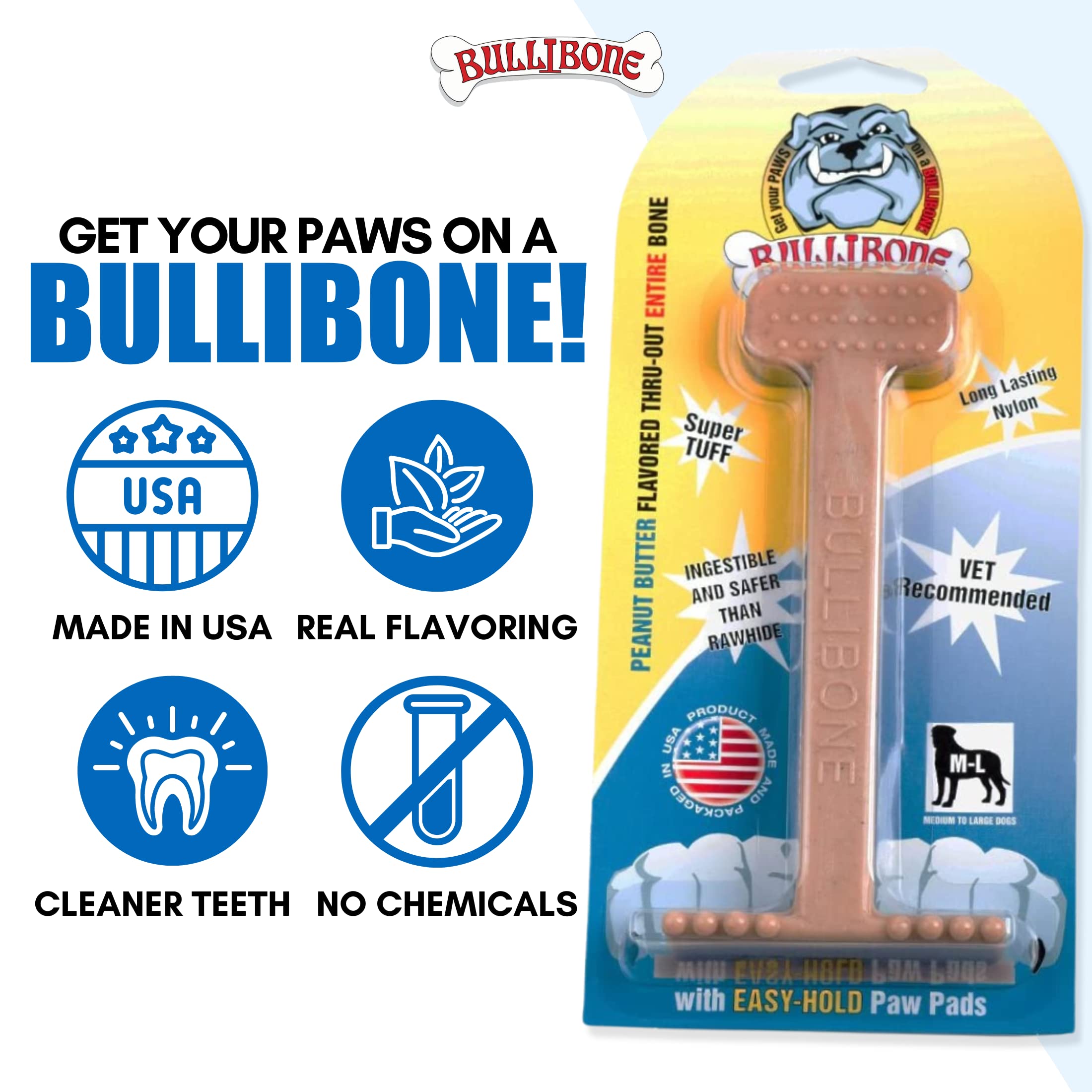 Bullibone Nylon Dog Chew Toy Nylon Bone - Improves Dental Hygiene, Easy To Grip Bottom, And Permeated With Flavor (Peanut Butter, Large - 3 Pack)