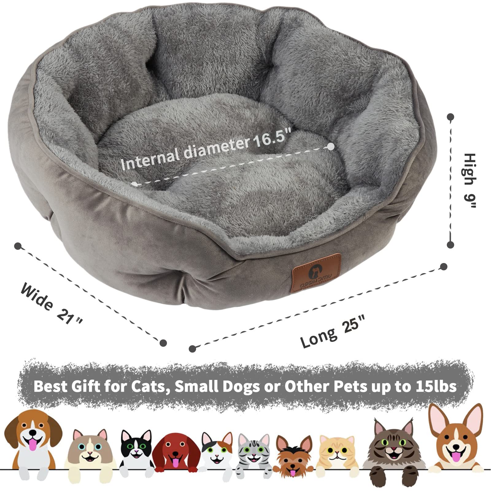 Asvin Medium Dog Bed For Medium Dogs, Cat Beds For Indoor Cats, Pet Bed For Puppy And Kitty, Extra Soft & Machine Washable With Anti-Slip & Water-Resistant Oxford Bottom, Grey, 25 Inches