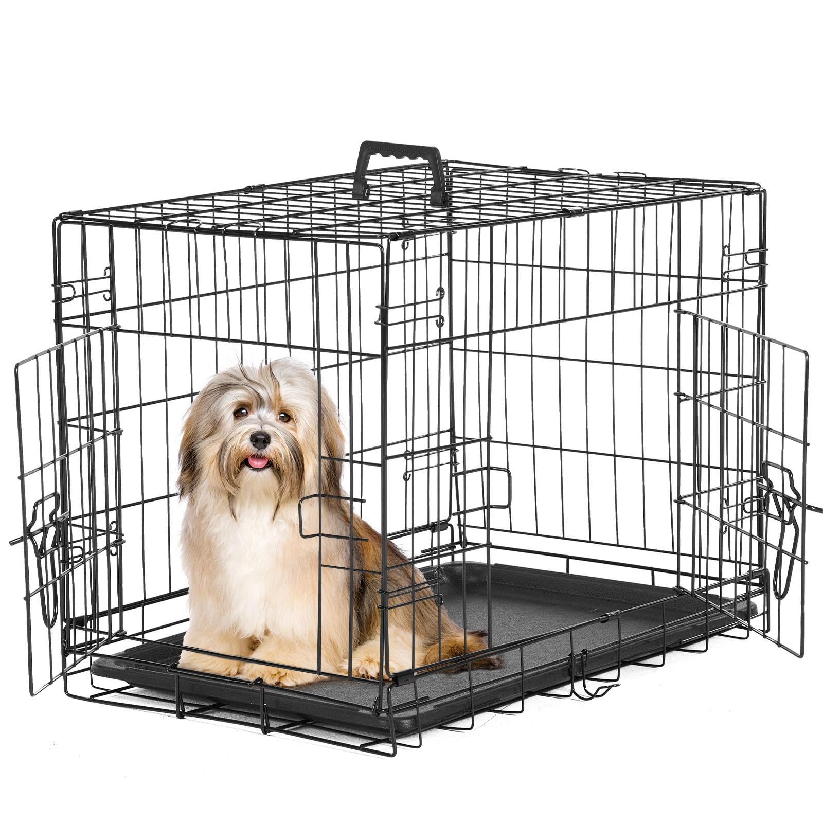 Sweetcrispy 24-Inch Double-Door Iron Dog Crate - Heavy-Duty Metal Kennel With Secure Locks, Foldable Design, & Removable Tray Fo