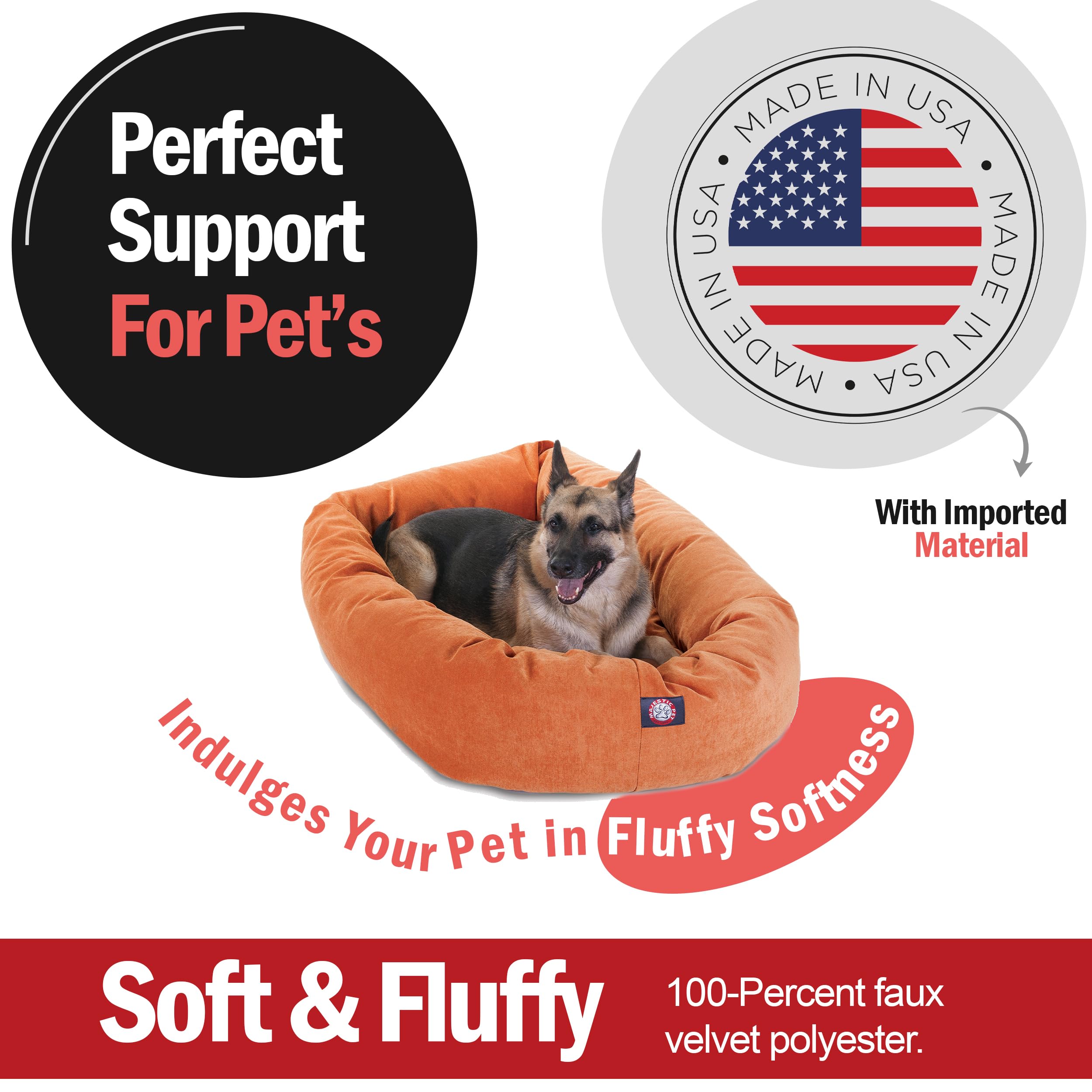 Majestic Pet 52 Inch Micro Velvet Calming Dog Bed Washable – Cozy Soft Round Dog Bed With Spine For Head Support - Fluffy Donut Dog Bed 52X35X11 (Inch) – Round Pet Bed X- Large – Orange