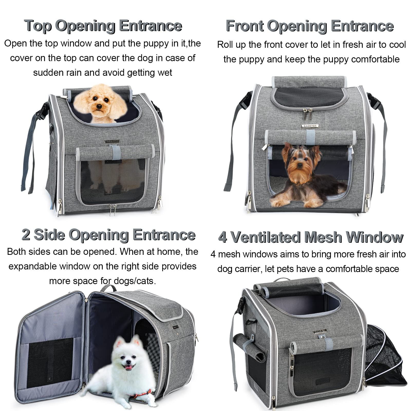 Babeyer Dog Bike Basket, Expandable Soft-Sided Pet Carrier Backpack With 4 Open Doors, 4 Mesh Windows For Small Dog Cat Puppies