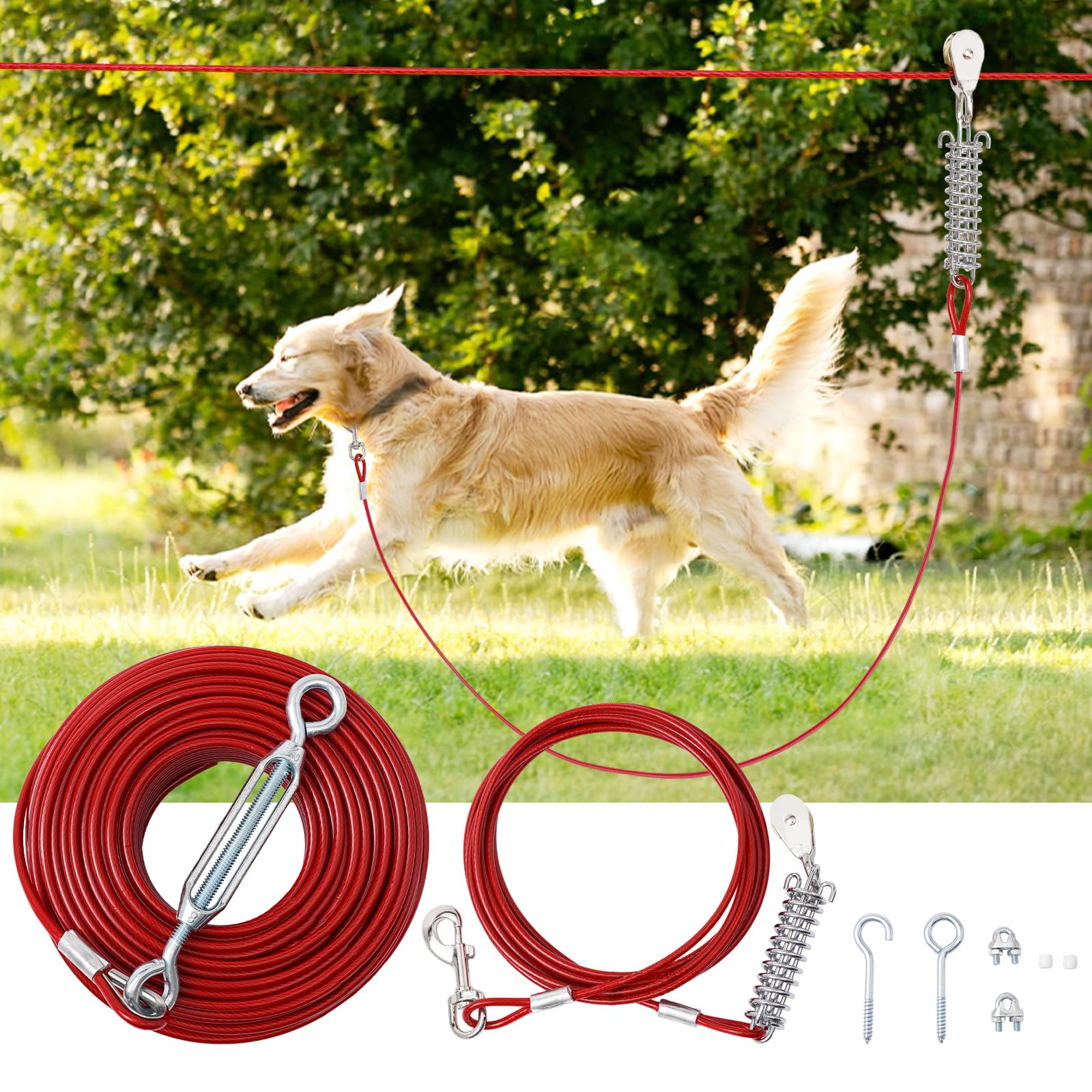 Luffwell Dog Runner - 50Ft Long Lead With 10Ft Shock Absorption For Small, Medium & Large Dogs - Trolley System For Dogs To Run 