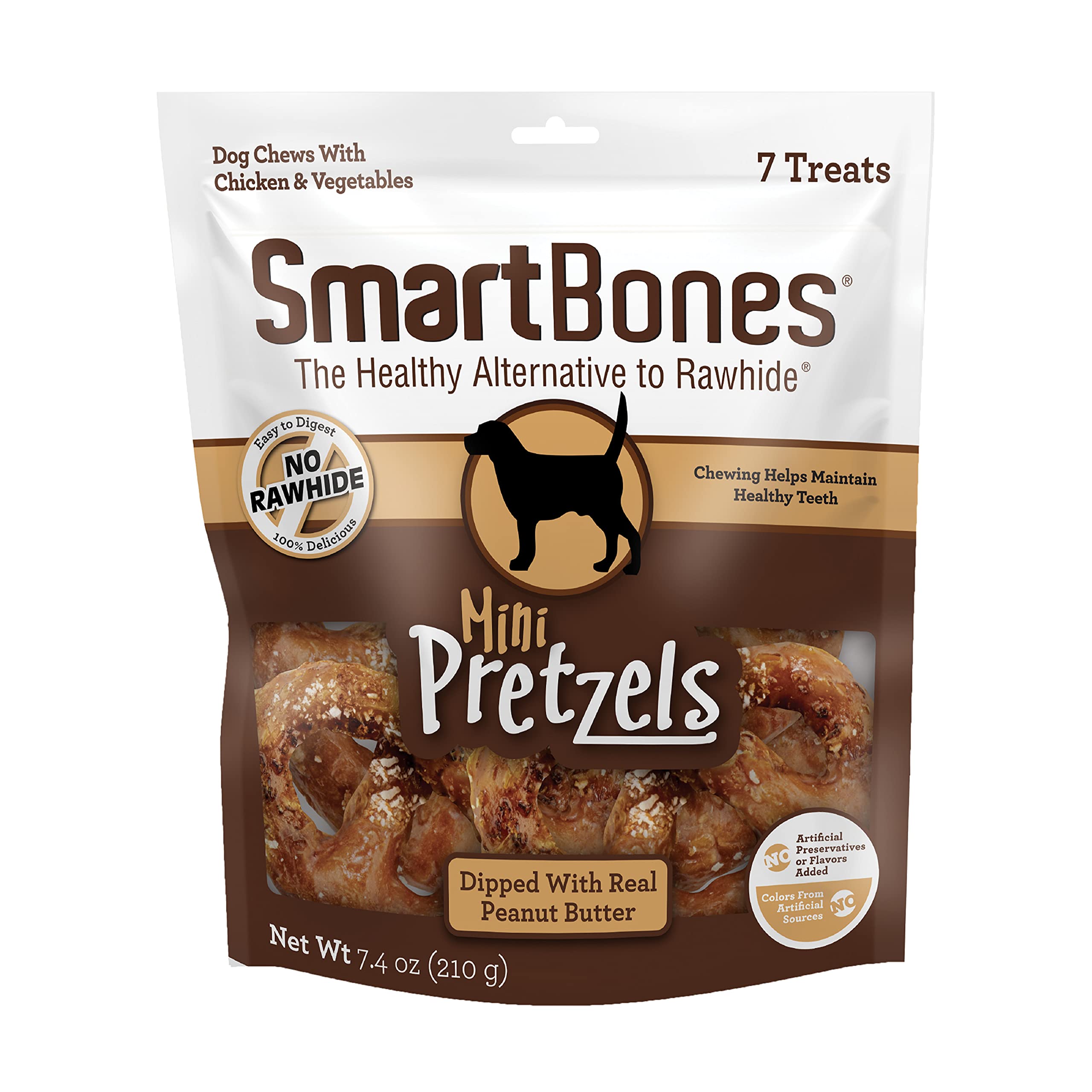 SmartBones Mini Pretzels Dipped With Real Peanut Butter, 7 Count, Rawhide-Free Chews For Dogs, (Pack of 24), Count: 168
