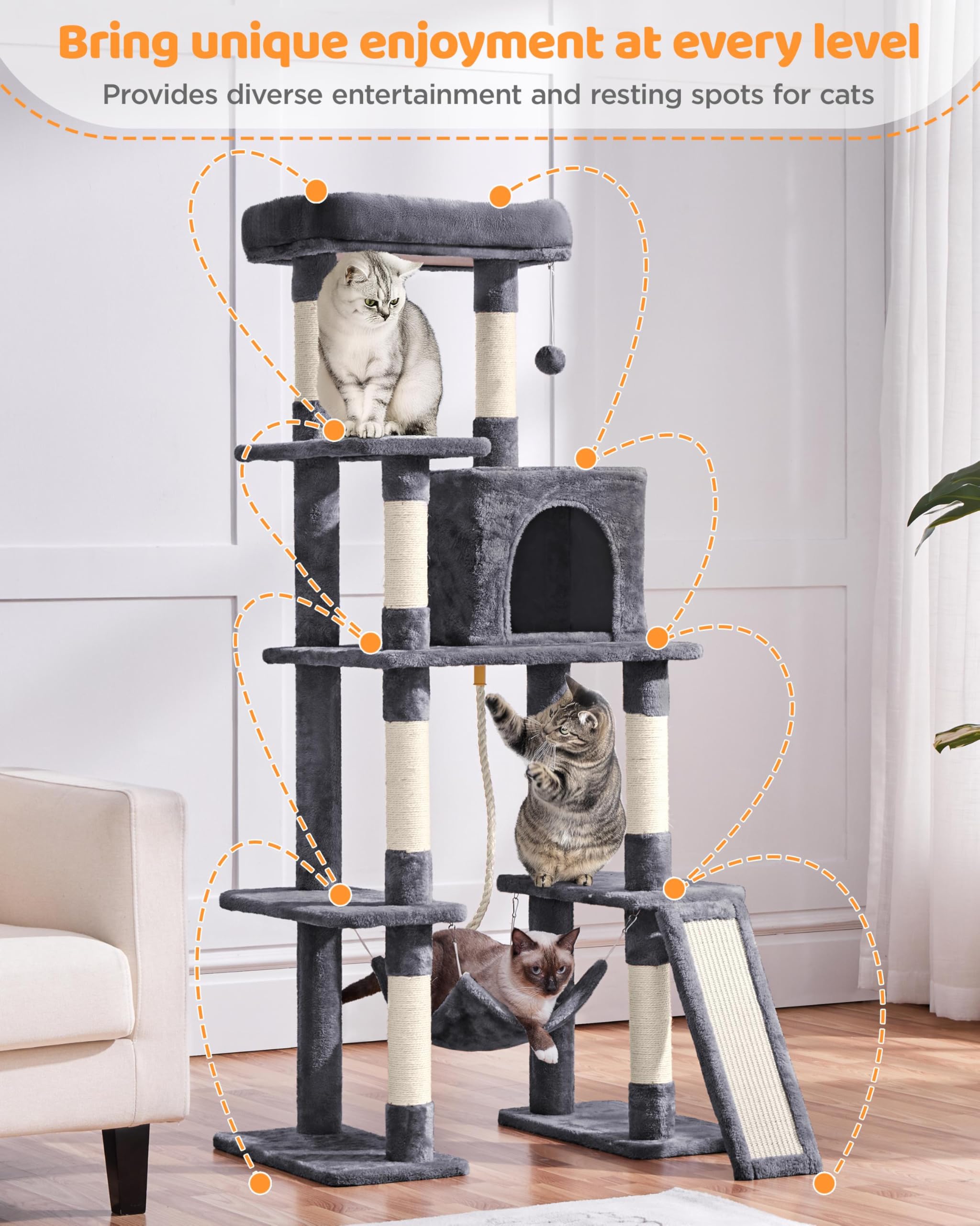 Yaheetech Large Multi-Level Cat Tree, 63 Inches Tall With Sisal-Covered Scratching Posts, Condo, Hammock, Dangling Ball, And Ext