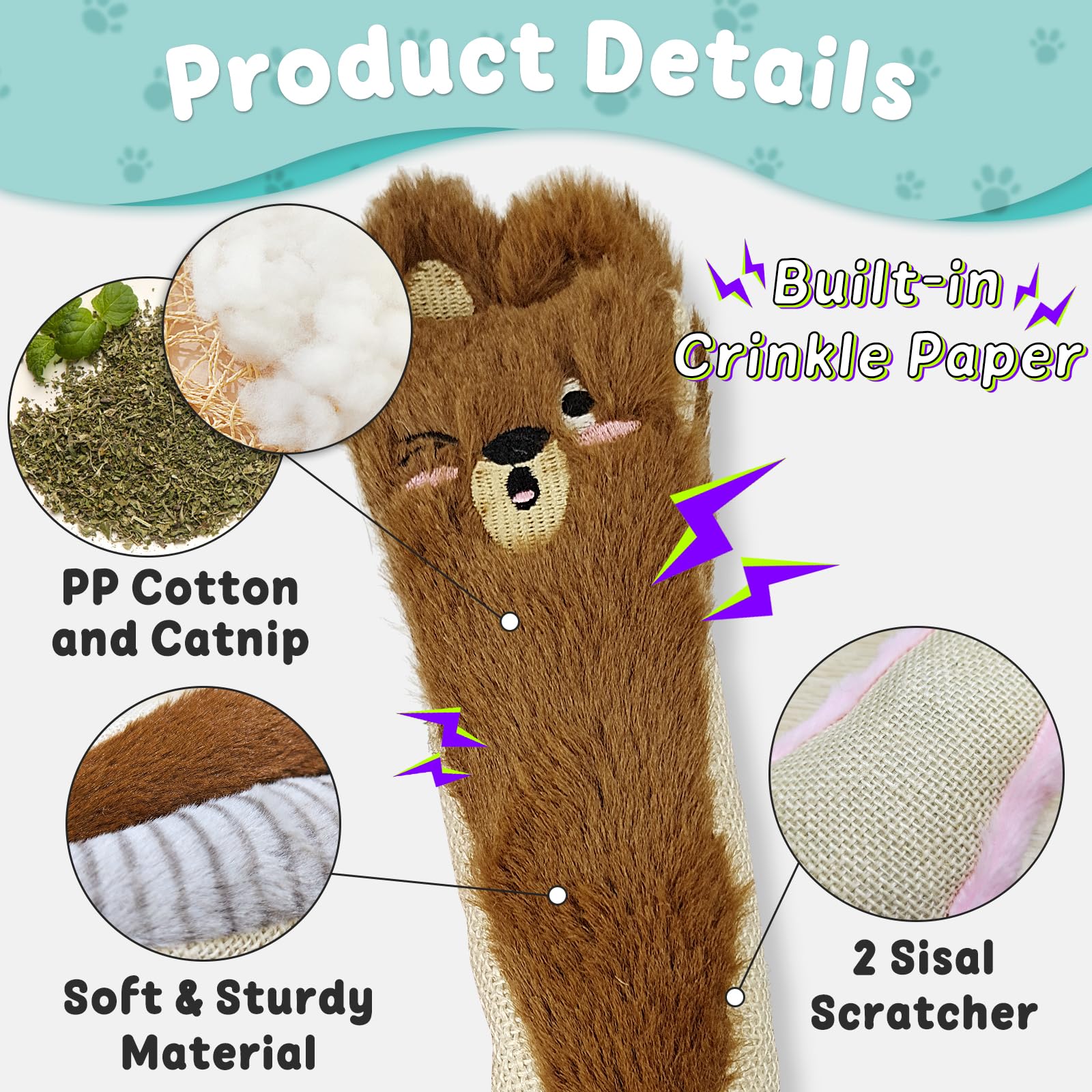 Andiker Cat Toys For Indoor Cats,10.24In Plush Catnip Toy With Crinkle Paper Inside,Fluffy Interactive Cat Toy With Feather And