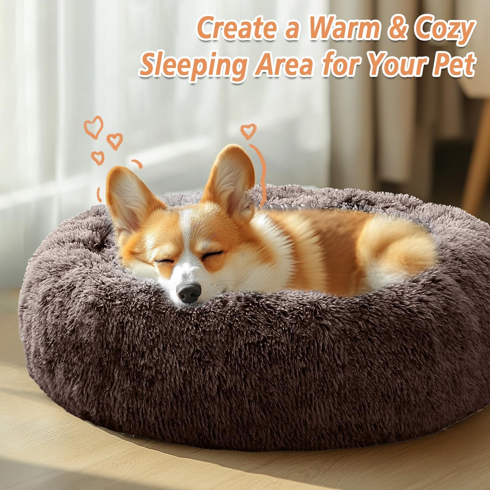JOLLYVOGUE Calming Small Dog & Cat Bed for Indoor Cats - 20 inches Washable Donut Bed for Kittens & Puppies, Anti-Anxiety Round