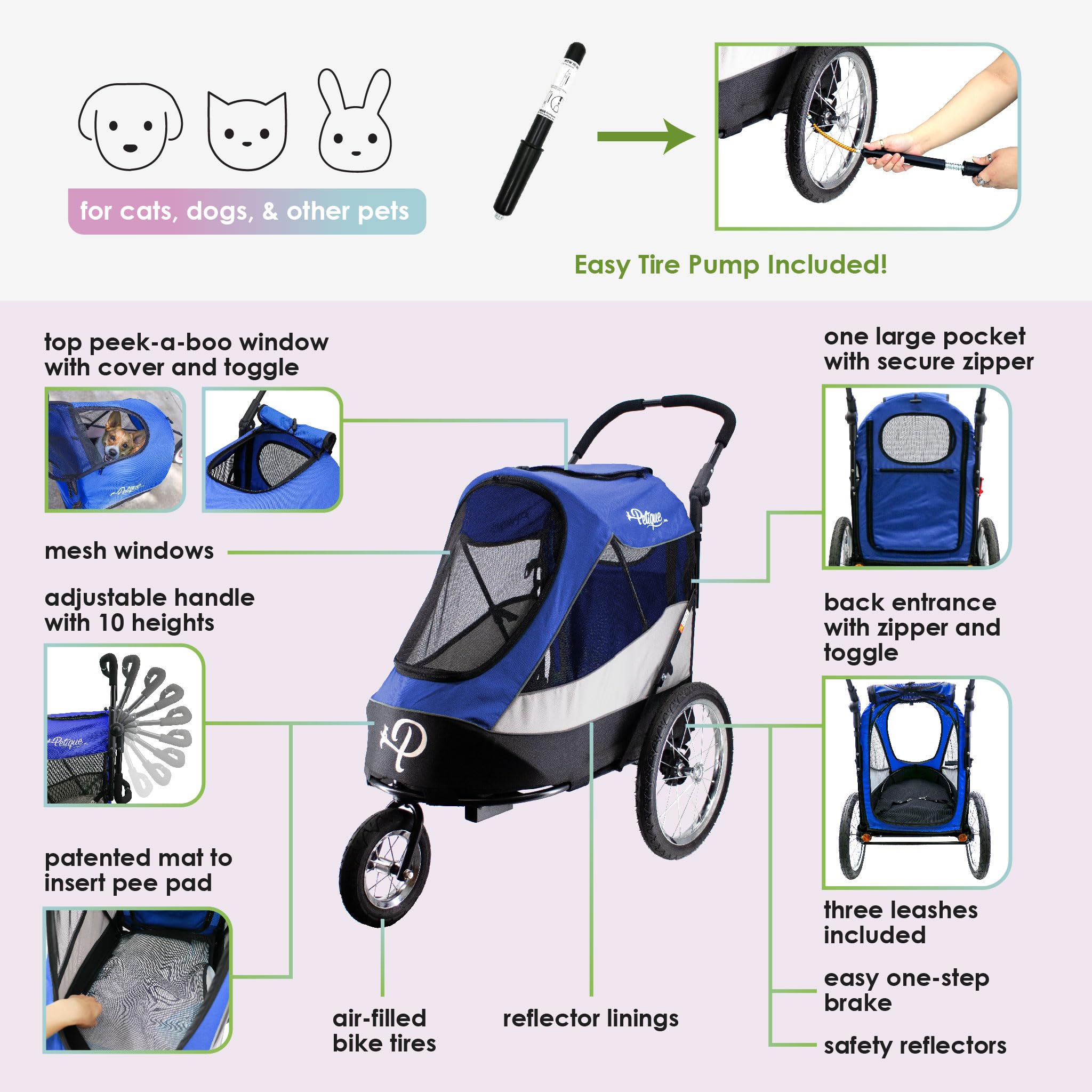 Petique Trailblazer Pet Jogger/Stroller, Bike Trailer, Shock Absorbing Bike Wheels, Large Entry Way, Peek-a-Boo Window, Small/Medium/Large Dogs, Cats and Pets, Supports up to 77LBS - Atlas (Blue) -Like New