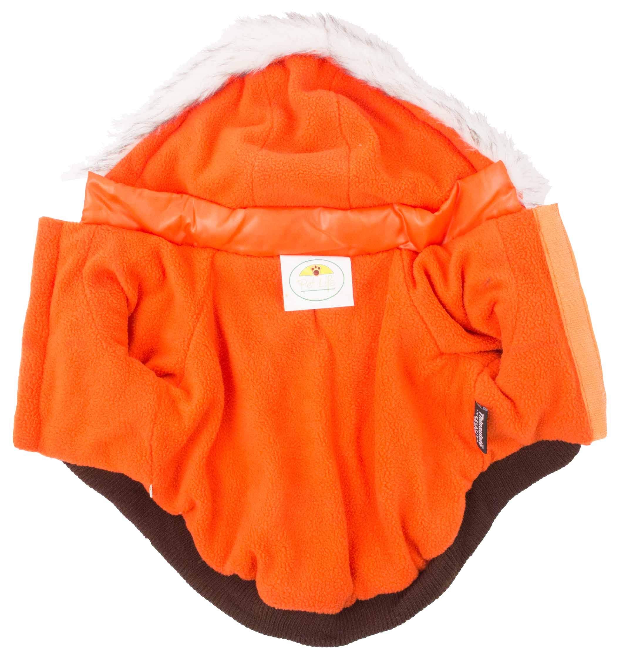 PET LIFE Classic Metallic Fashion Pet Dog Coat Jacket Parka w/ 3M Insulation and Removable Hood, Small, Metallic Orange