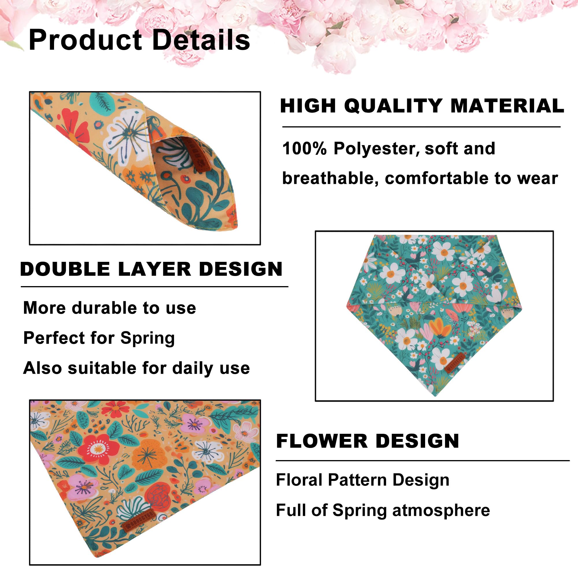 ADOGGYGO Floral Dog Bandana, Orange Green Flower Pet Scarf, Adjustable Fit Floral Bandanas for Medium Large Dogs Pets (Large)