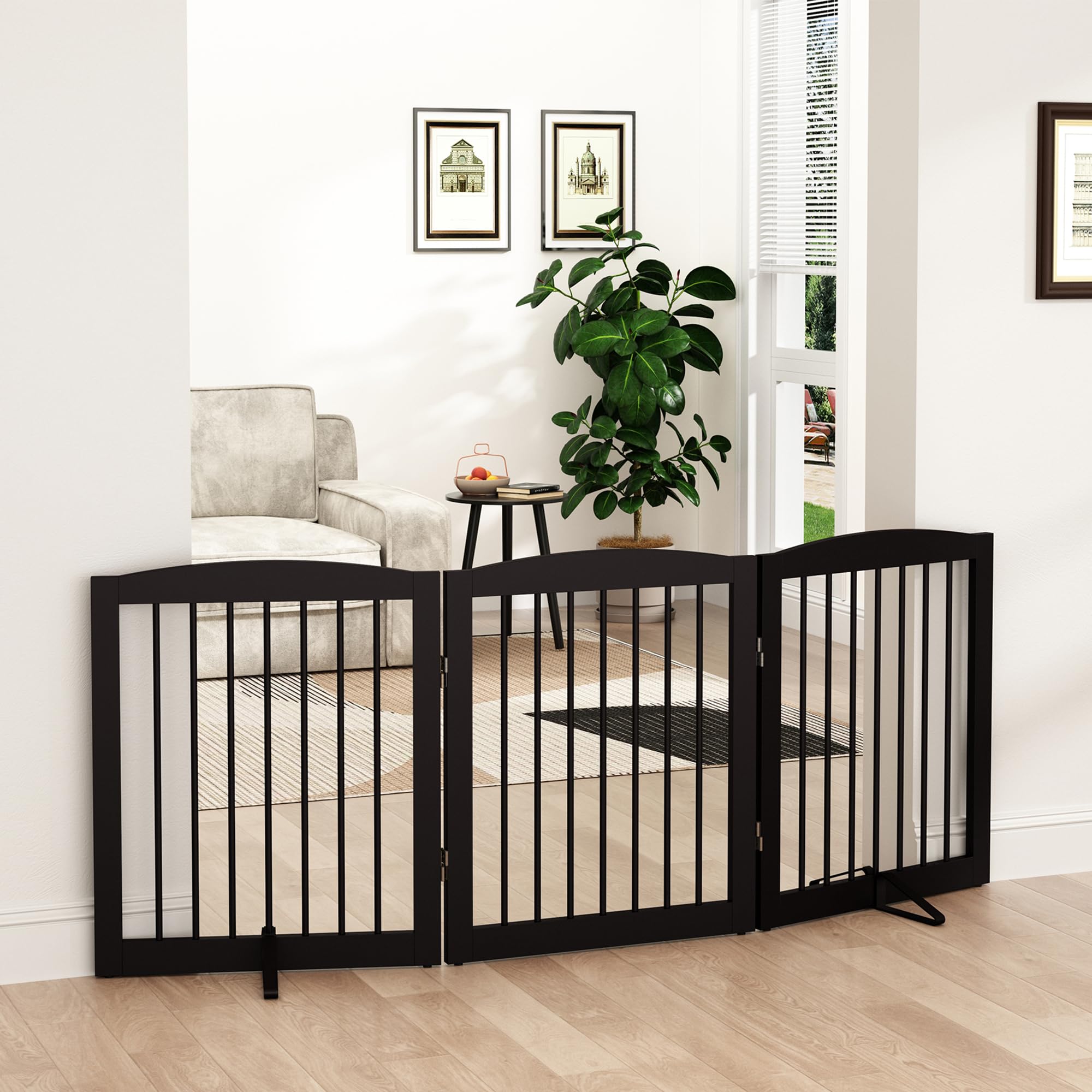Pupetpo Freestanding Pet Gate For Dogs, Foldable Wooden Dog Gate For House, Indoor Dog Gate For Doorways, Stairs, Step Over Pet Puppy Safety Fence, Support Feet Included, 24' Height 3 Panels, Brown