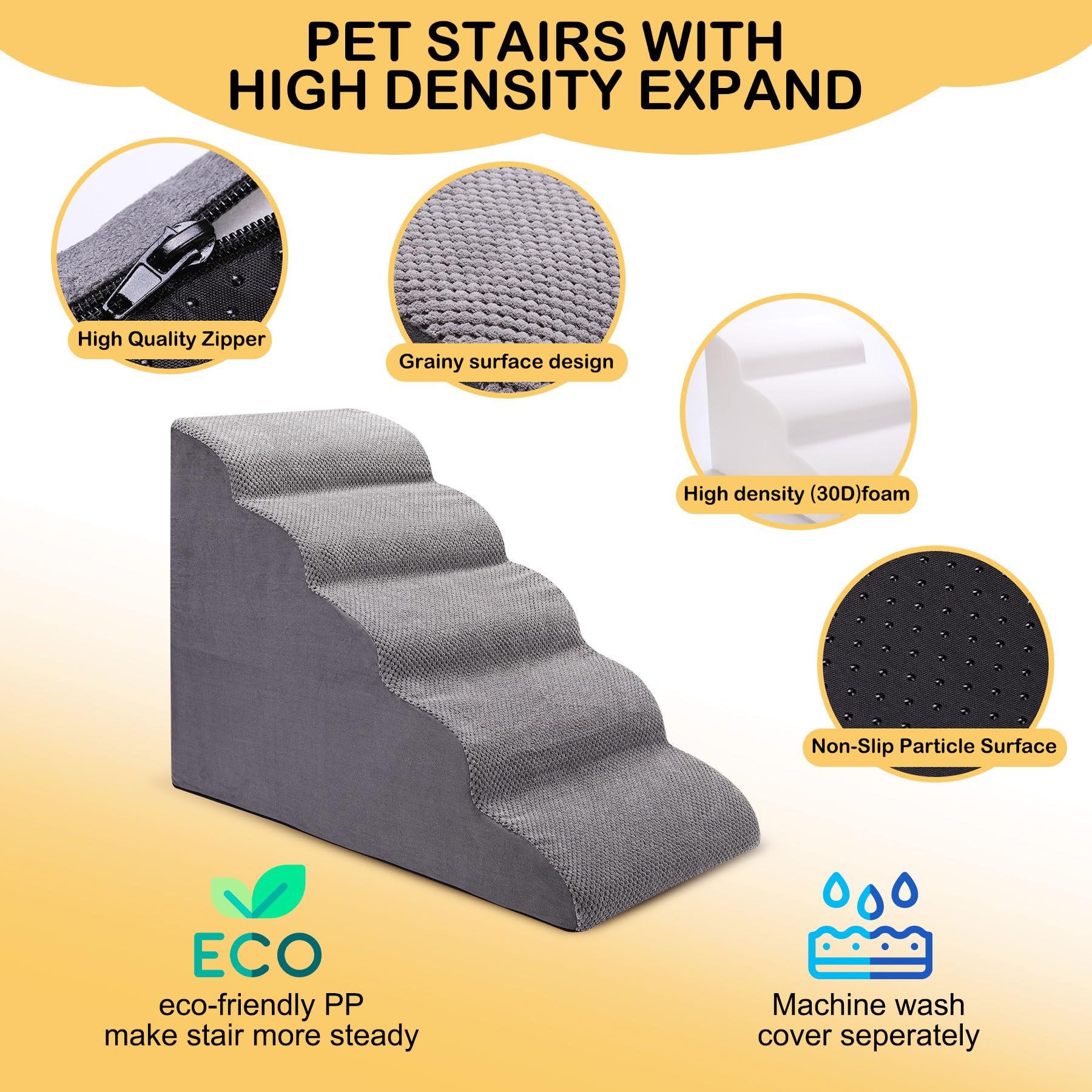 Ciwivoki Dog Stairs For Bed, 5-Step Dog Steps For Couch And High Bed, Non-Slip Pet Stairs, 24' High Sofa Foam Dog Ramp - Best For Small Pets, Older Dogs, Cats With Joint Pain