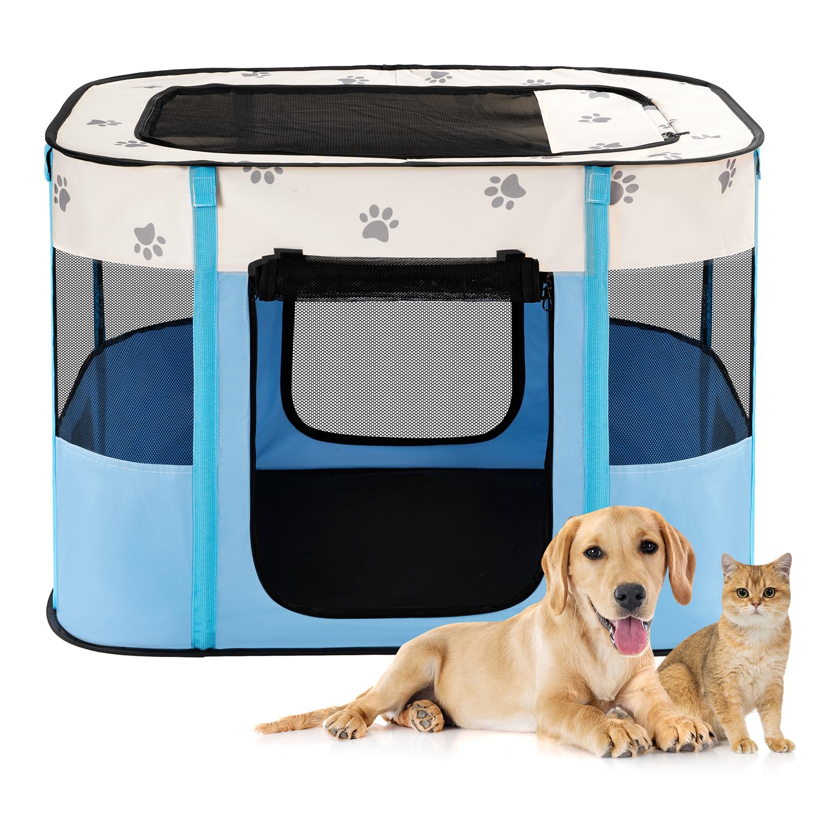Avont Portable Dog Cat Playpen, Foldable Pop Up Pet Play Pen Travel Crate With Floor And Mesh Door Top For Indoor Outdoor Collap