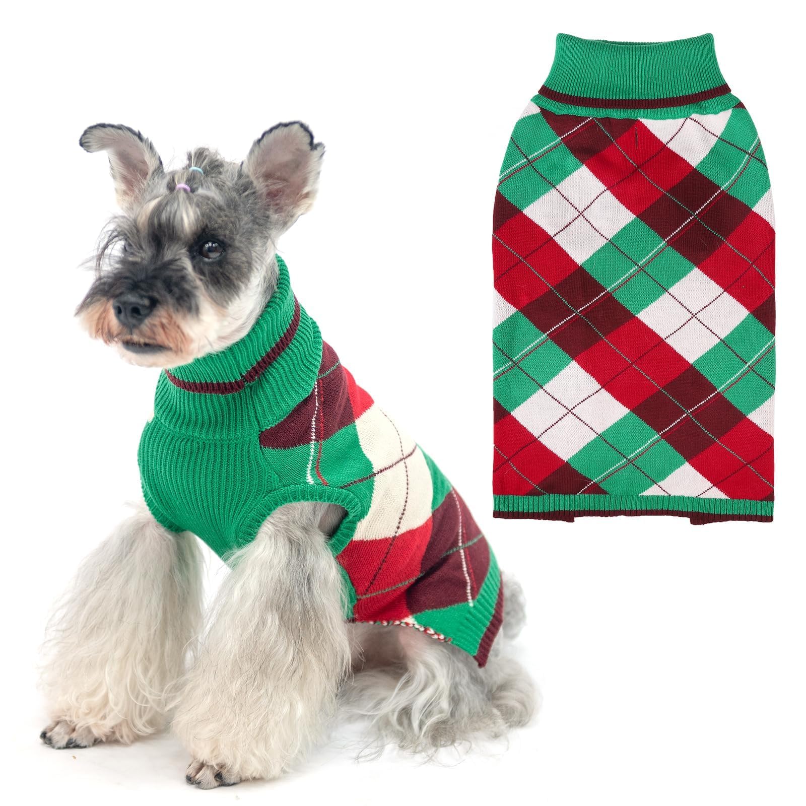 KOOLTAIL Dog Sweater Pet Knitted Clothes-Classic Plaid Pullover Turtleneck Fleece Dog Christmas Sweaters with Leash Hole, Thick 