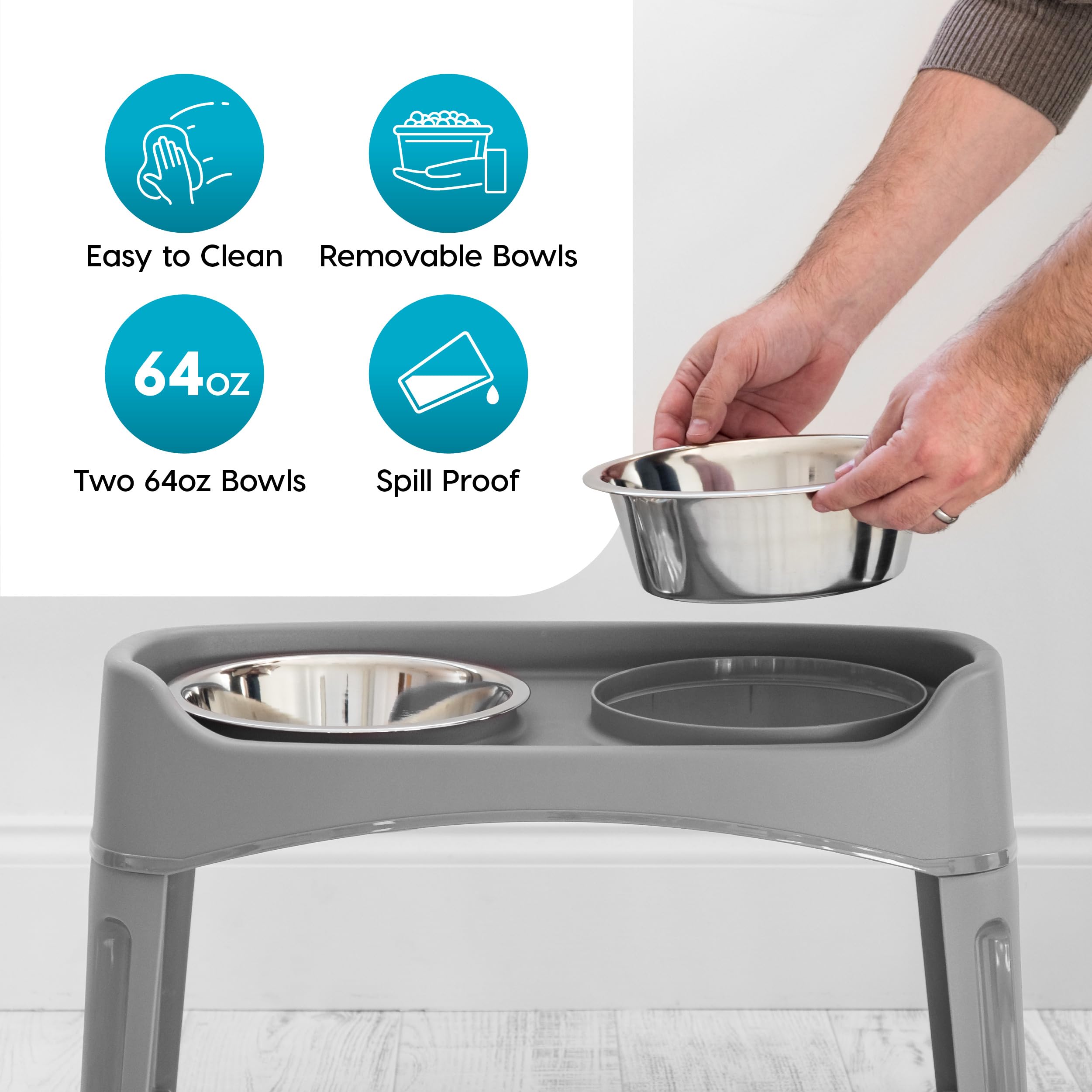 IRIS USA Elevated Dog Bowls, Adjustable Height, 2 Thick 64 oz Stainless Steel Bowls, Spill-Proof with Raised Outer Rim, Durable