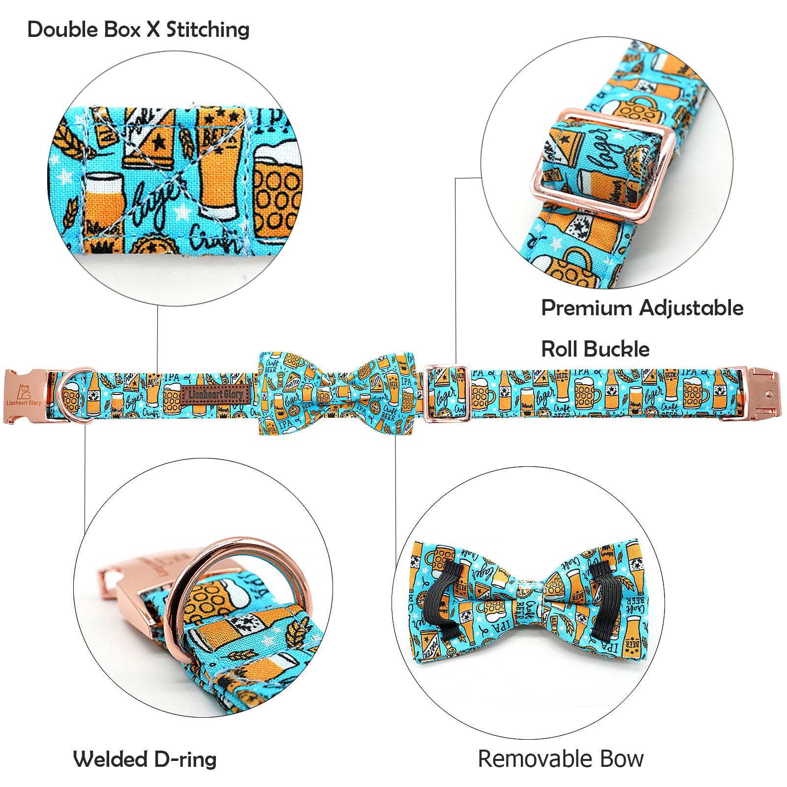 Lionheart glory Dog Collar Bow Collar Blue Dog Collar with Bow Party Collar Dog Boy or Girl Soft Durable Adjustable Dog Collars