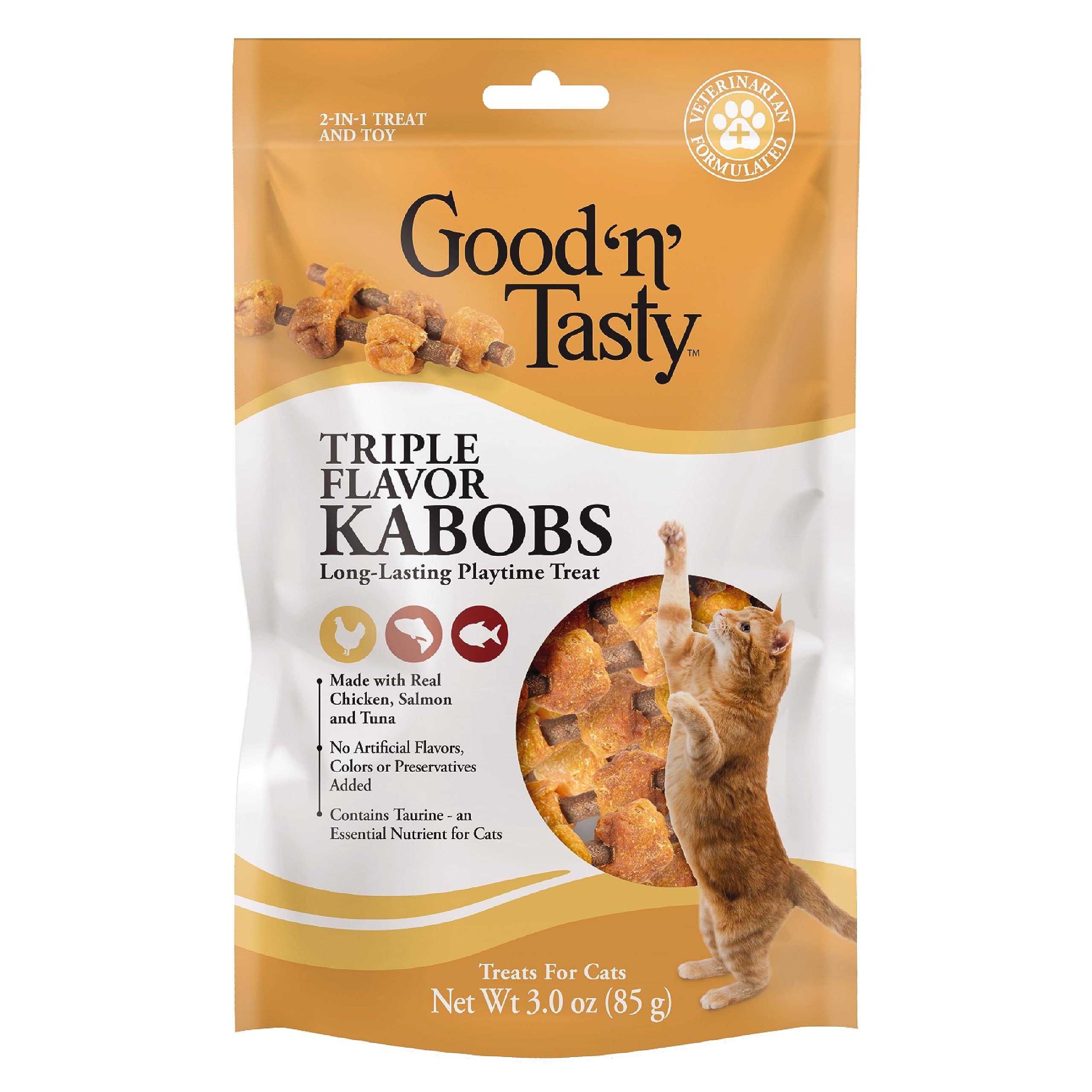 Good n Tasty Triple Flavor Kabobs Cat Treat, 3 Ounce, Long-Lasting Playtime Treat for Cats Made with Real Chicken, Salmon & Tuna