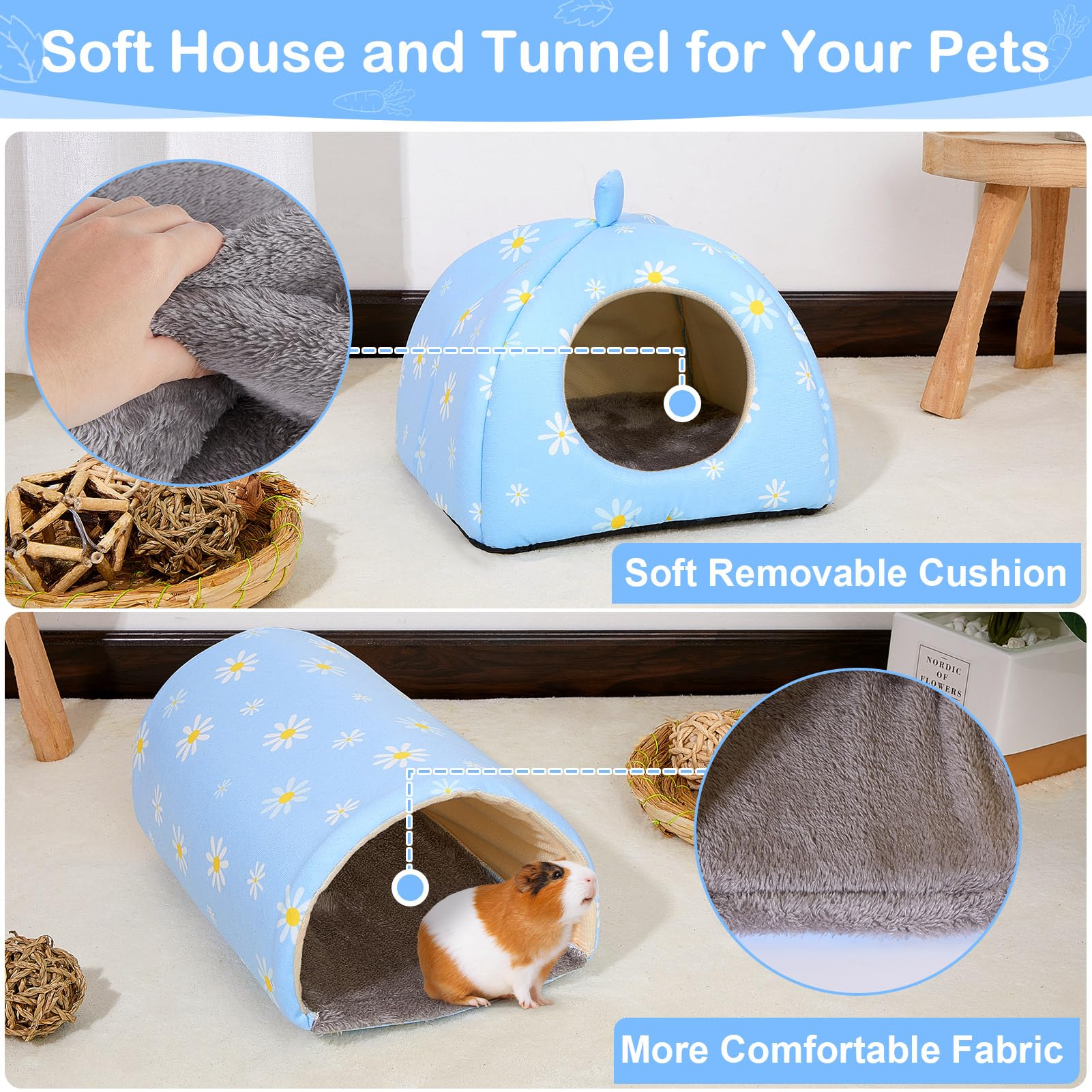 Bienbee Guinea Pig Hideout, Washable Rabbit Bed With Guinea Pig Tunnel, 2 Pack Guinea Pigs Toys Set Bunny Hideout Cage Accessori