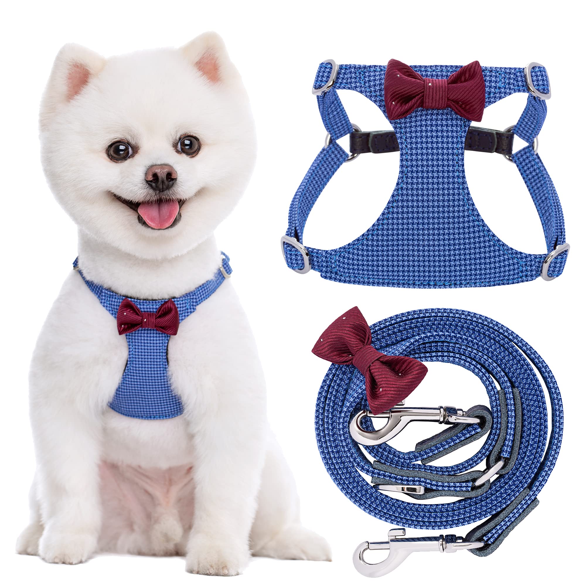 Puppytie No Pull Xs Dog Harness With Multifunction Dog Leash,Soft Adjustable No Choke Escape Proof Pet Harness Vest,Plaid Blue,X