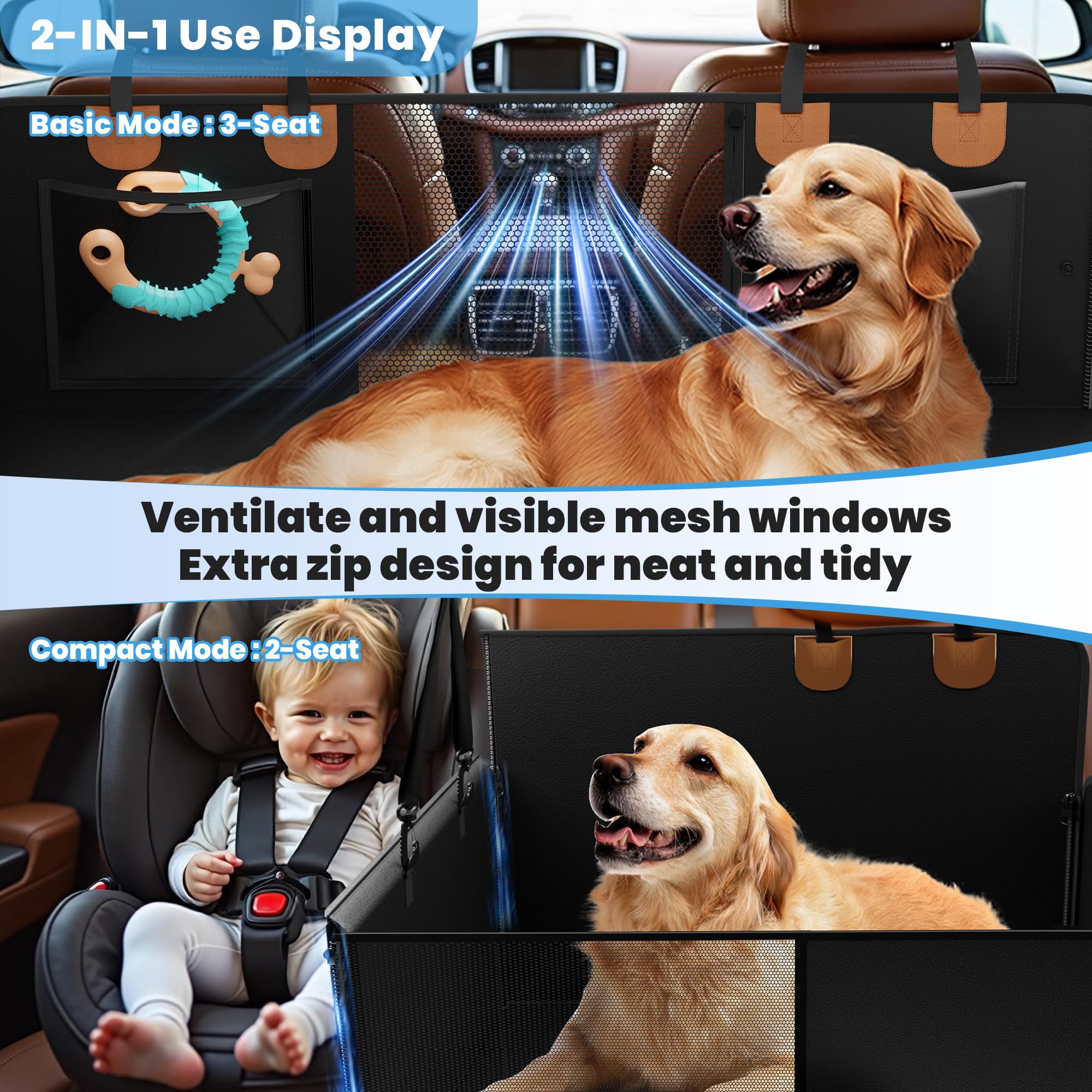 Gamkii Dog Car Seat Cover, Waterproof Backseat Extender With Hard Bottom & Storage Pocket, 3 Or 2 Seats Available, Dog Car Hammo