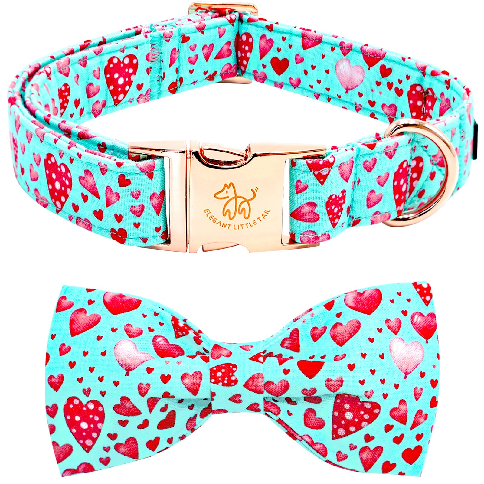 Elegant little tail Valentine's Dog Collar, Cute Pink Heart Dog Collar with Bow for Small Dogs, Female or Male Adjustable Cotton