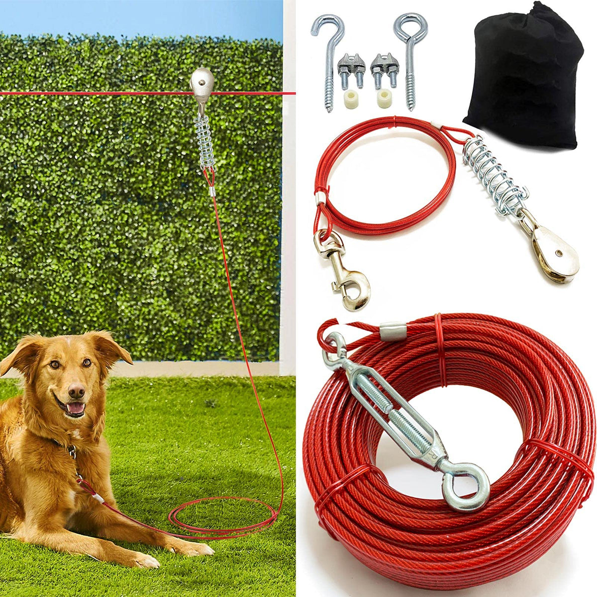 Heavy Duty Aerial Dog Tie Out Trolley System For Small To Large Dogs - 100Ft Dog Run Cable Dog Zipline With 10Ft Runner Cable Great For Yard Camping Outdoor (Red, 100 Ft For One Dog Up To 125 Lbs)