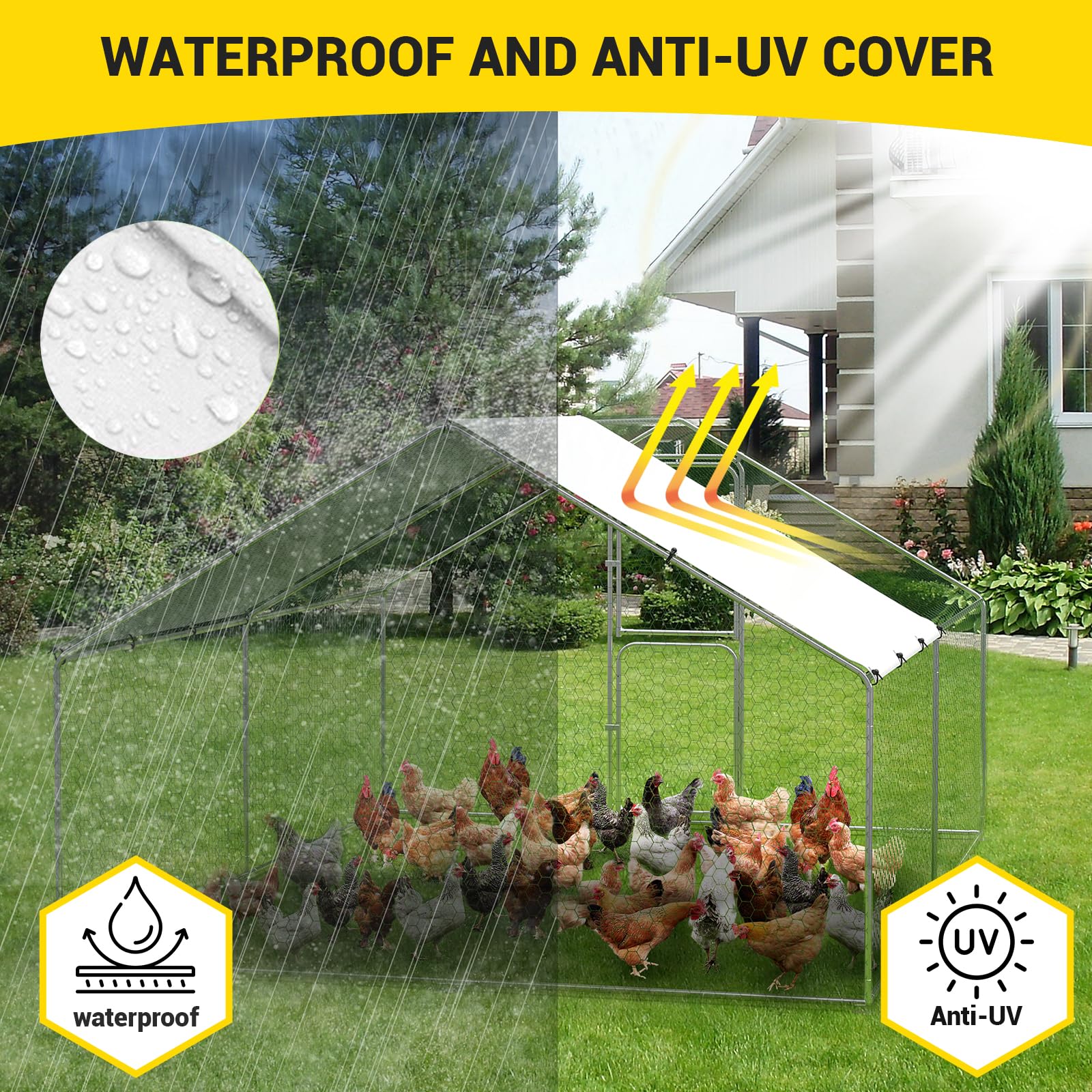 Garvee Large Metal Chicken Coop with Waterproof and Anti-UV Cover, Walk-in Poultry Cage, Large Chicken Pen, Outdoor Hen Run Hous